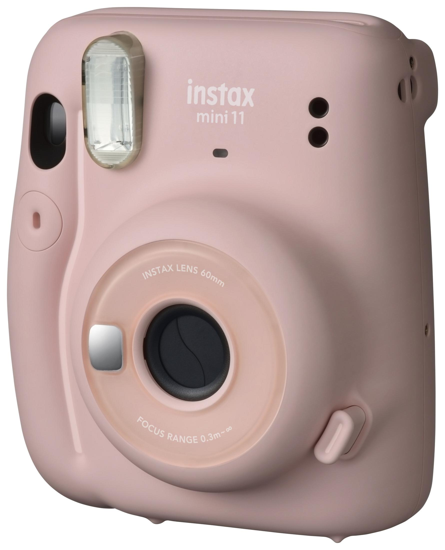 Eine rosa Instax Mini 11 Kamera mit silbernem Objektiv.