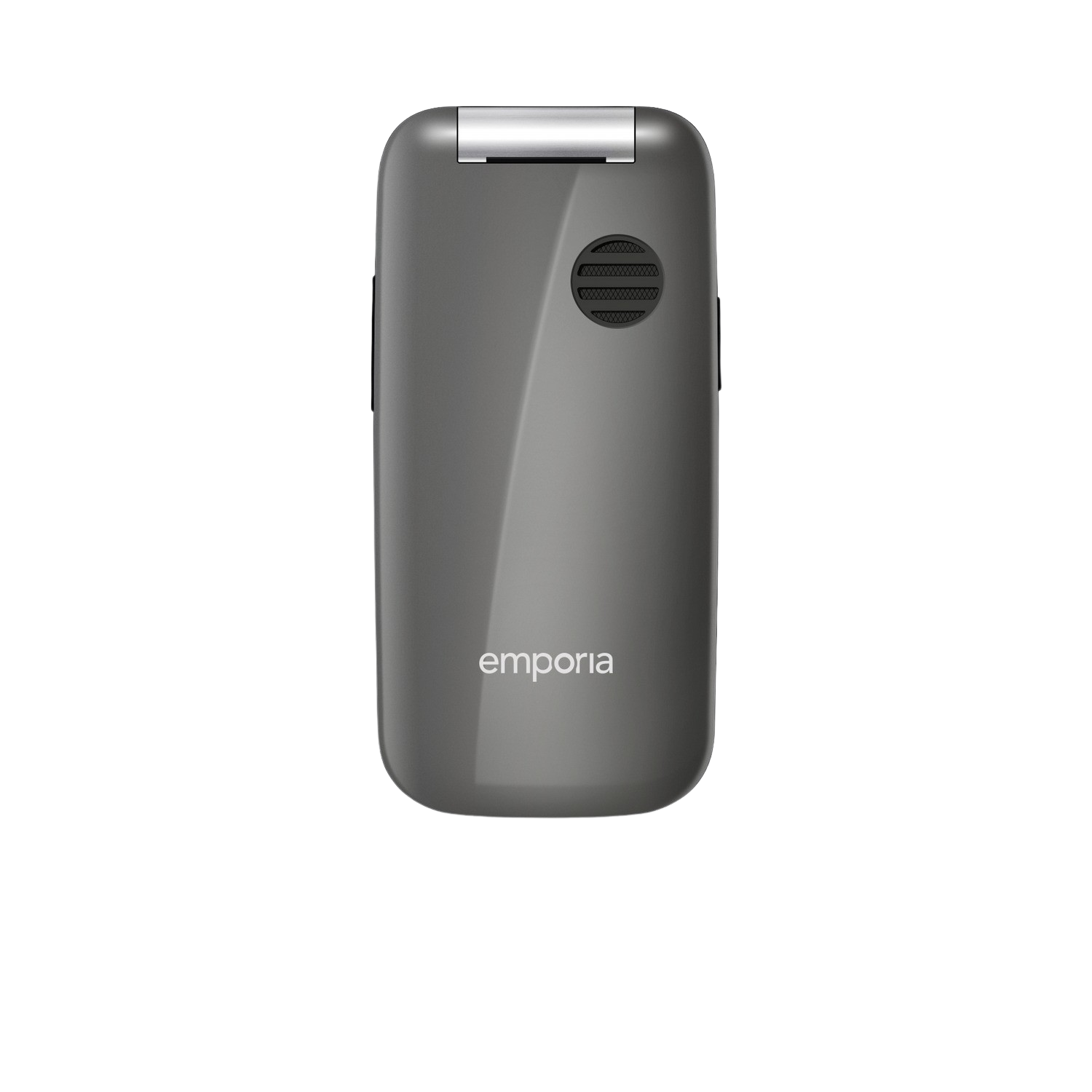 Ein graues Klapphandy mit Emporia-Logo auf schwarzem Hintergrund.