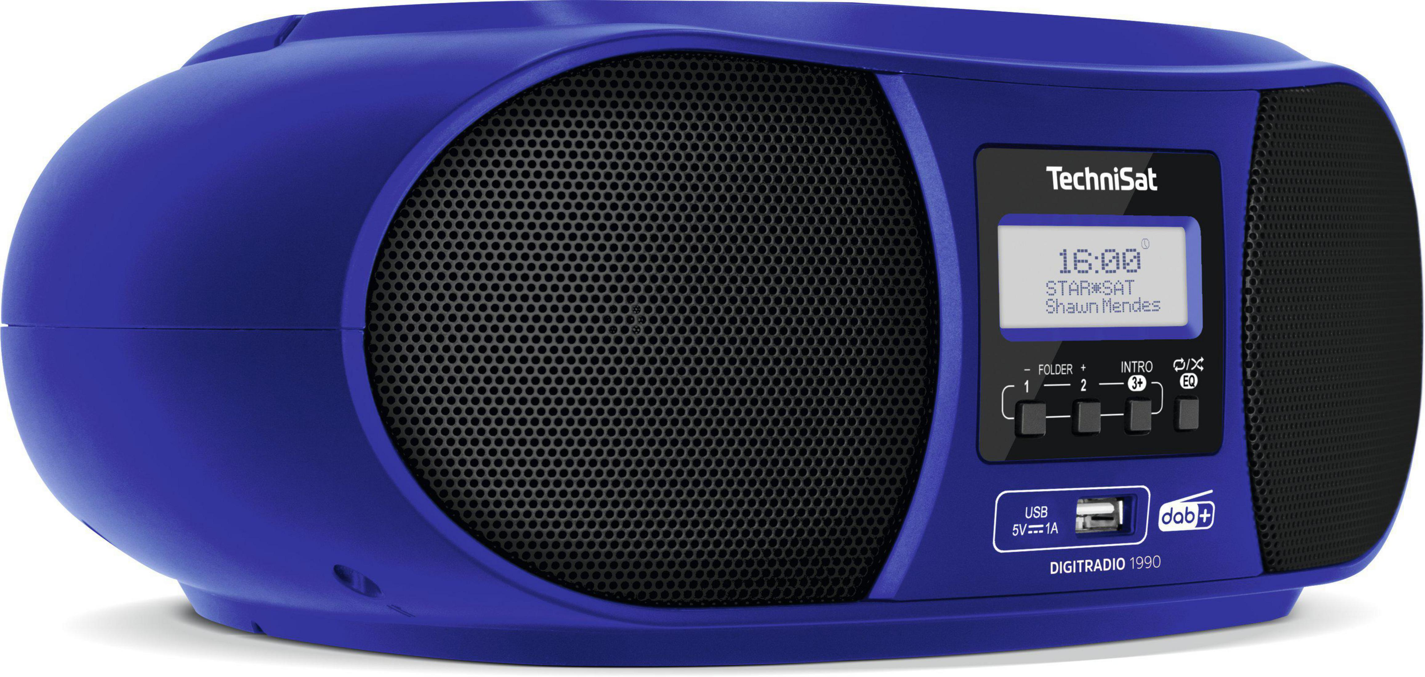 Boombox blu con coperture per altoparlanti nere e display. Marchio TechniSat.