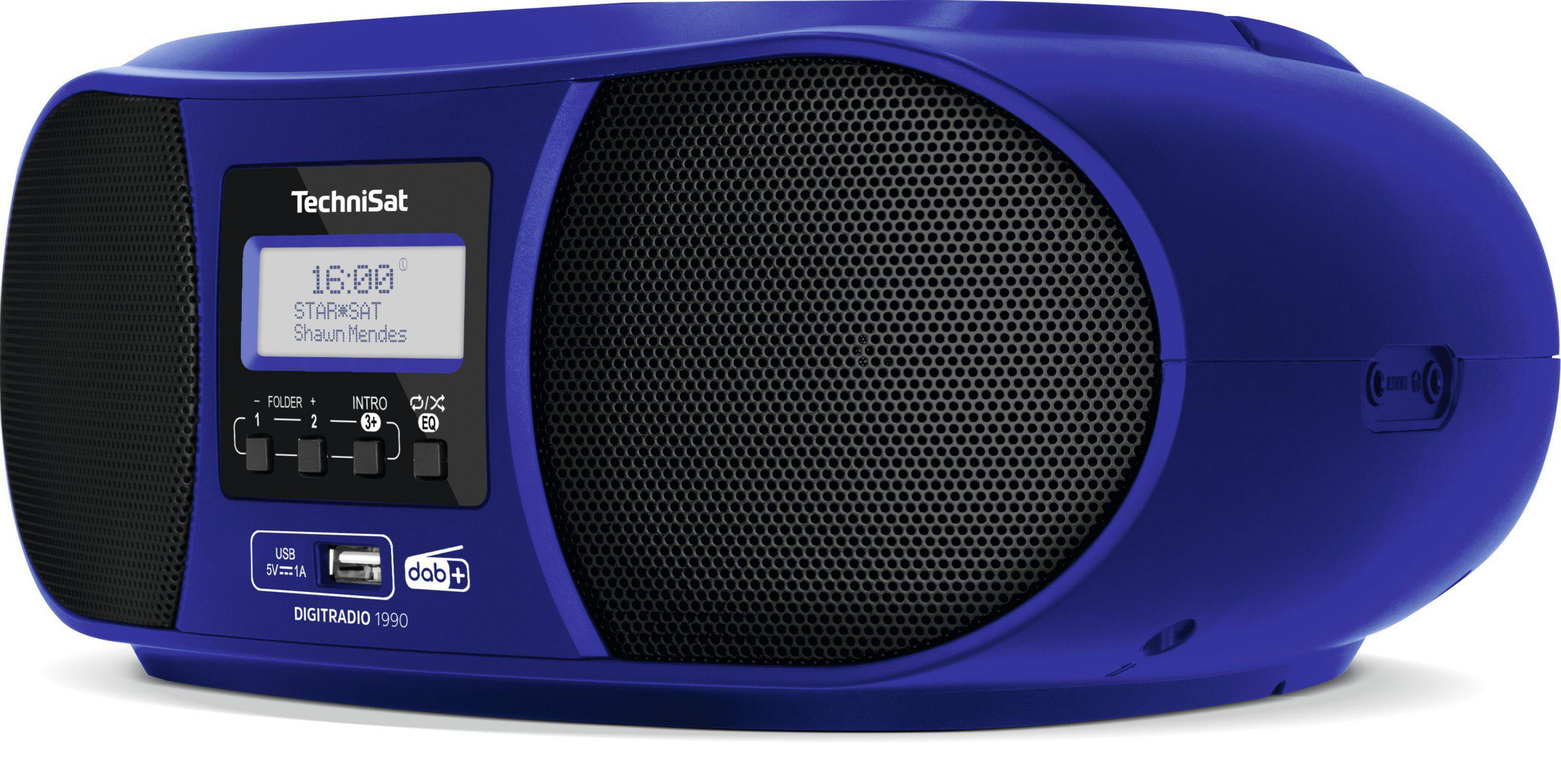 Una radio TechniSat blu con display che mostra ora e informazioni musicali. Ha altoparlanti e pulsanti.