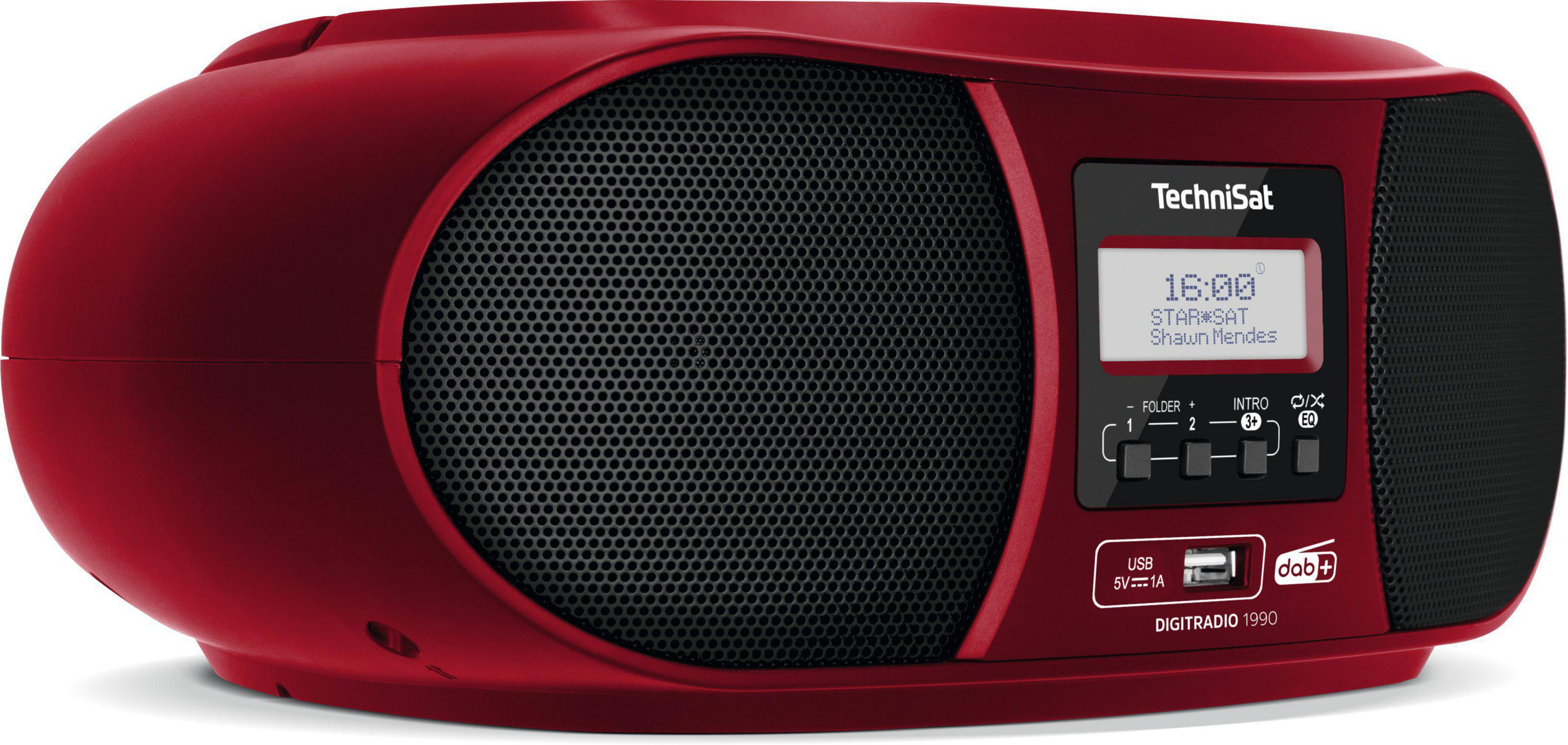 Una radio TechniSat rossa con uno schermo che mostra le informazioni della stazione e uno slot CD.