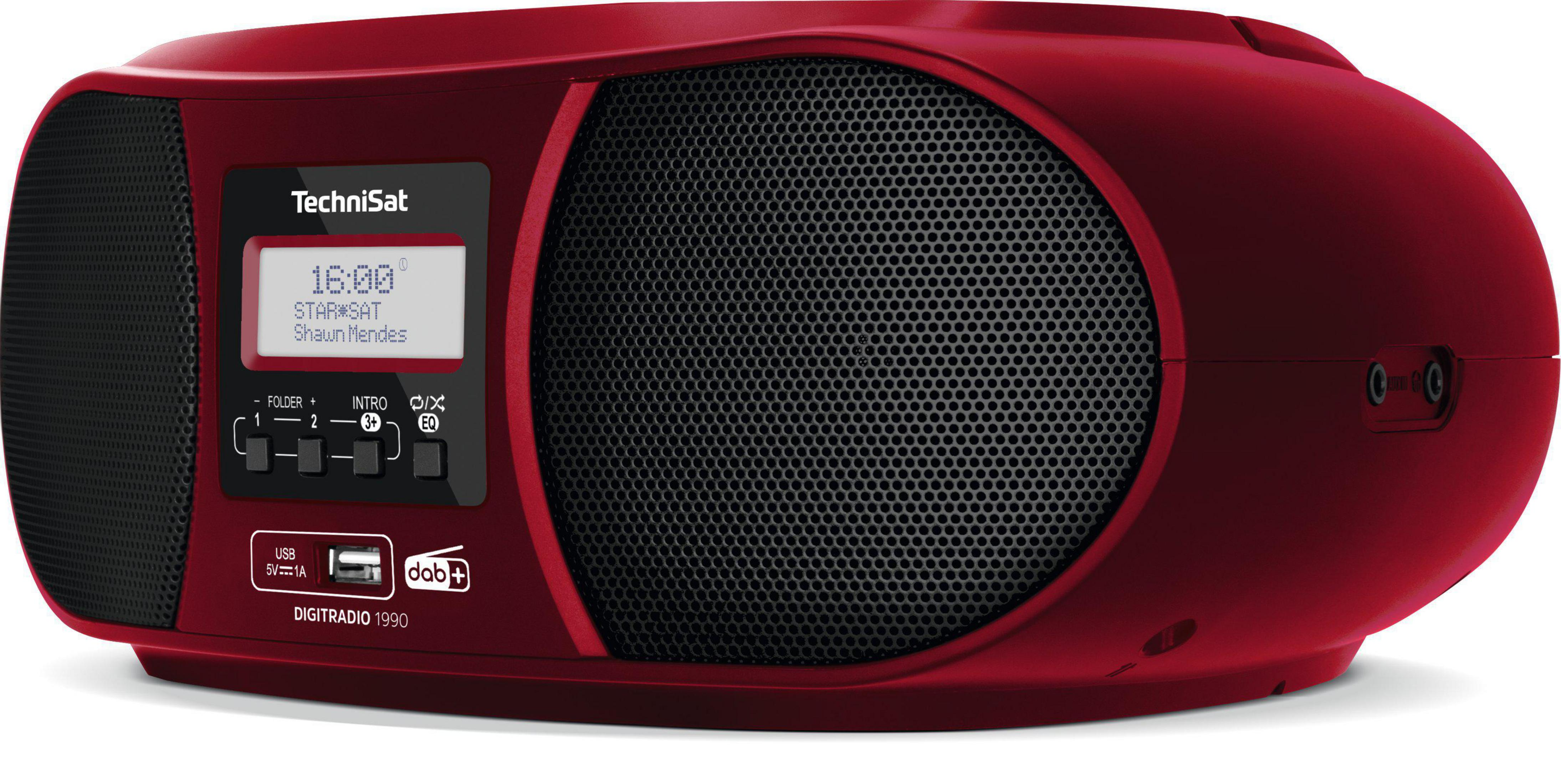 Radio Technisat rossa con display digitale che mostra ora e stazione, con altoparlanti.