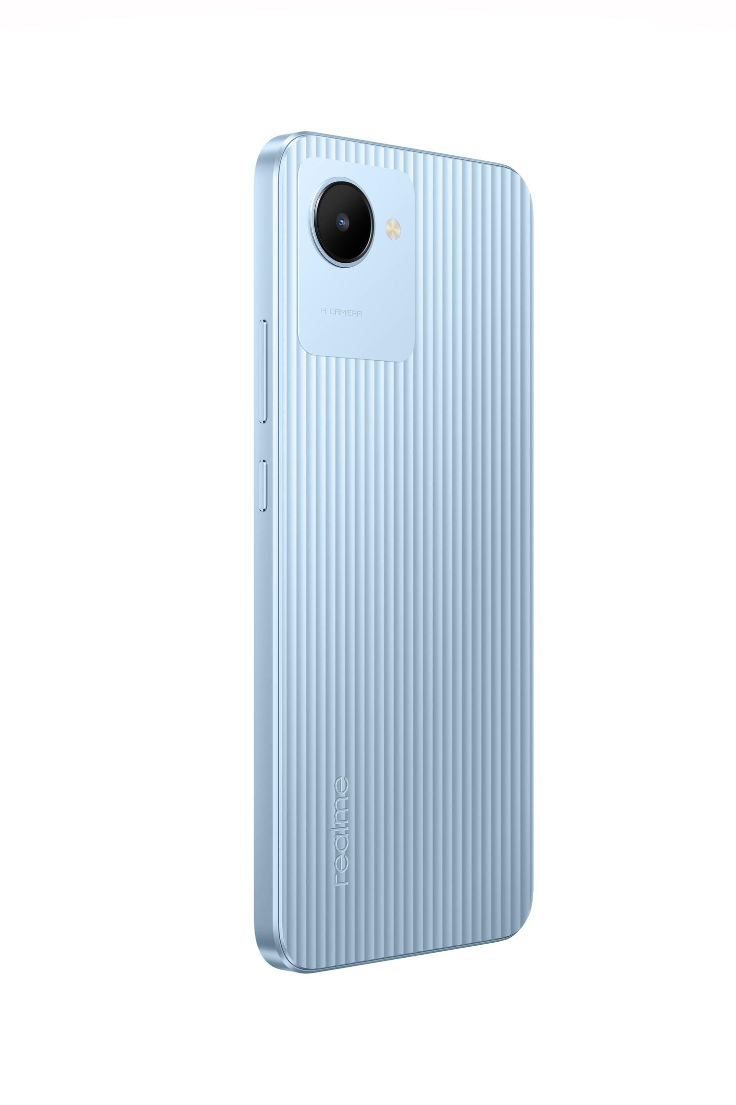 Jasnoniebieski smartfon z aparatem na białym tle. Widoczne logo Realme.