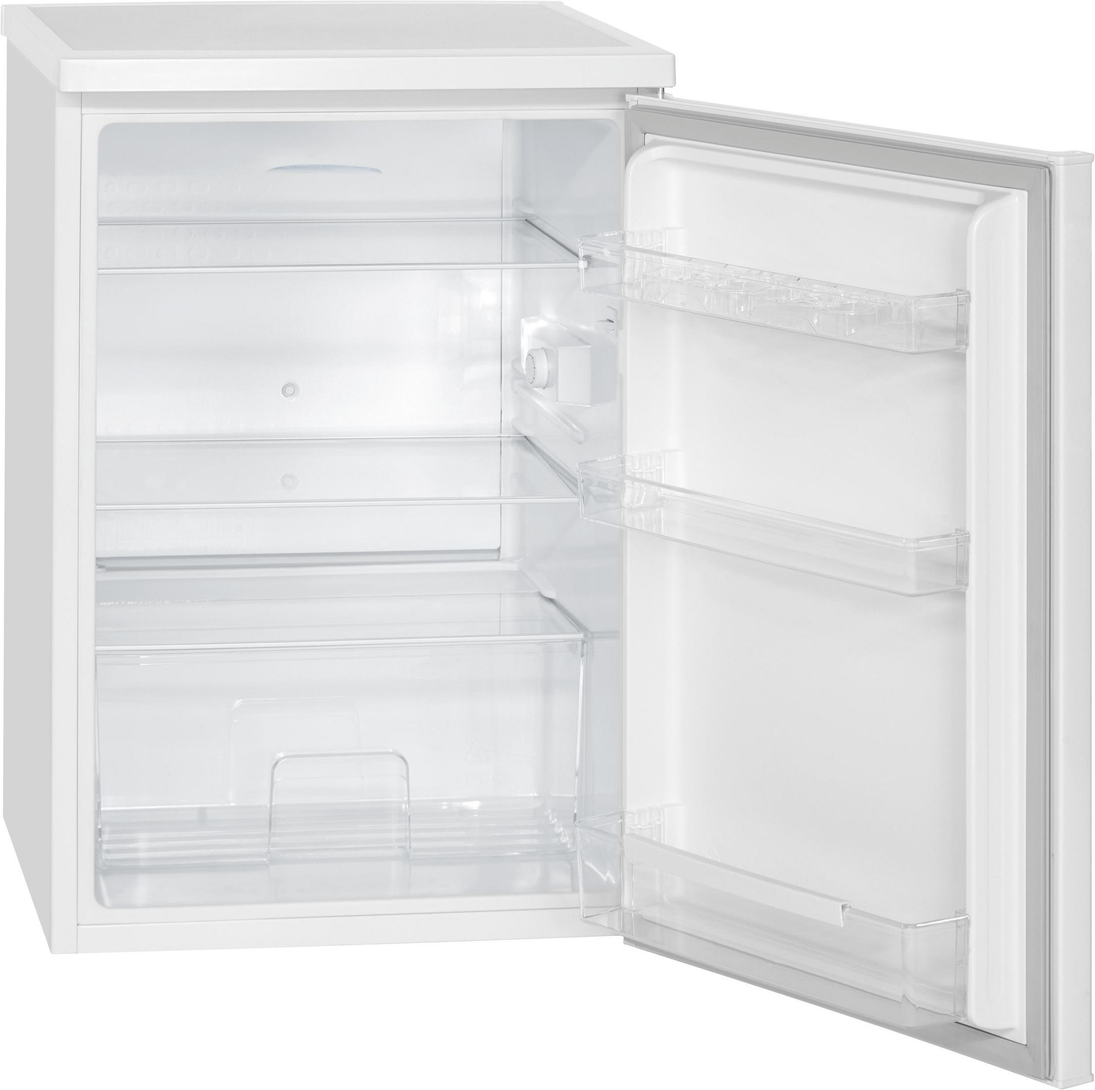 Ein weißer Mini-Kühlschrank mit offener Tür, der Regale und eine Schublade zeigt.