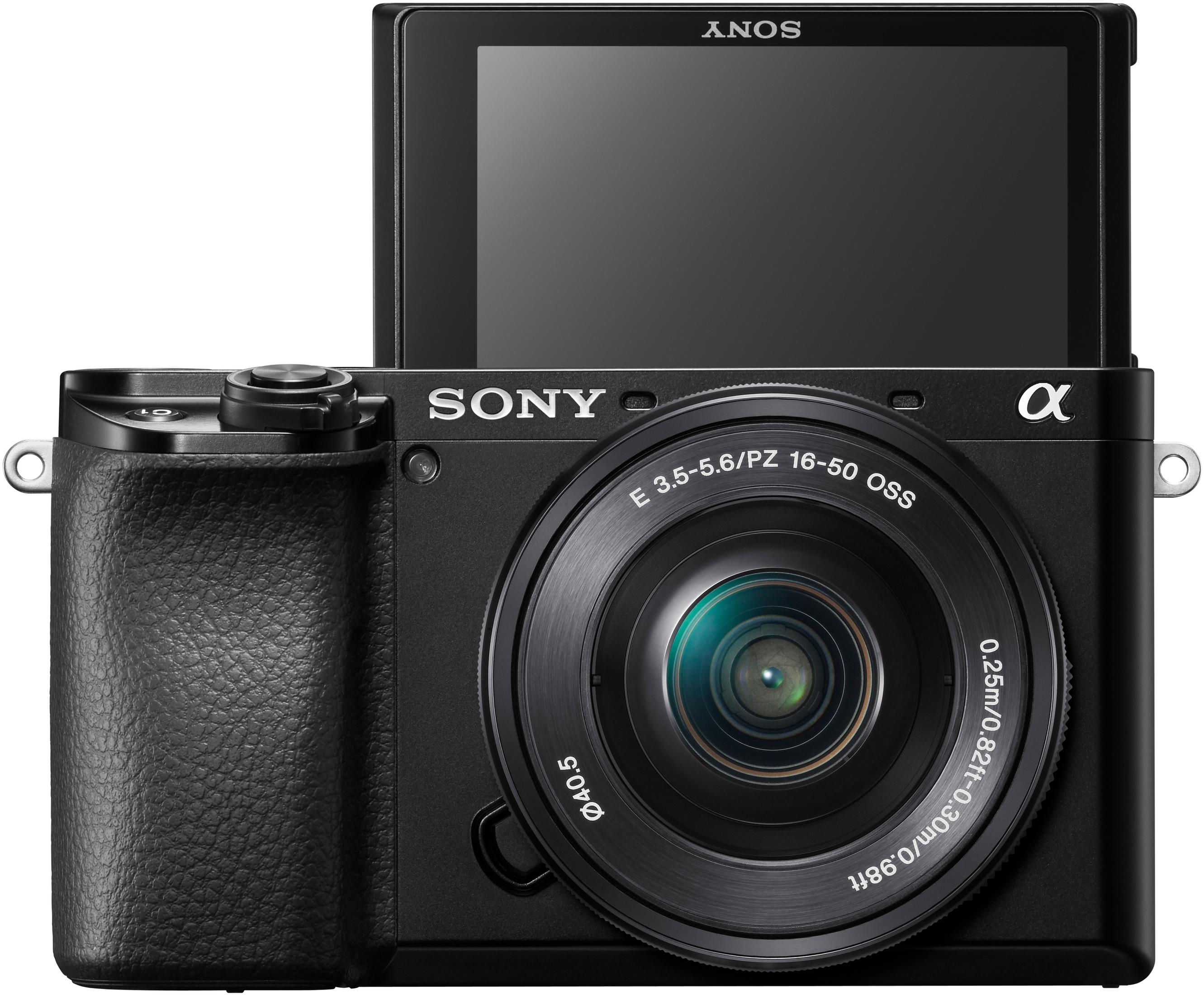 Cámara Sony negra con lente y pantalla abatible. La lente tiene texto.