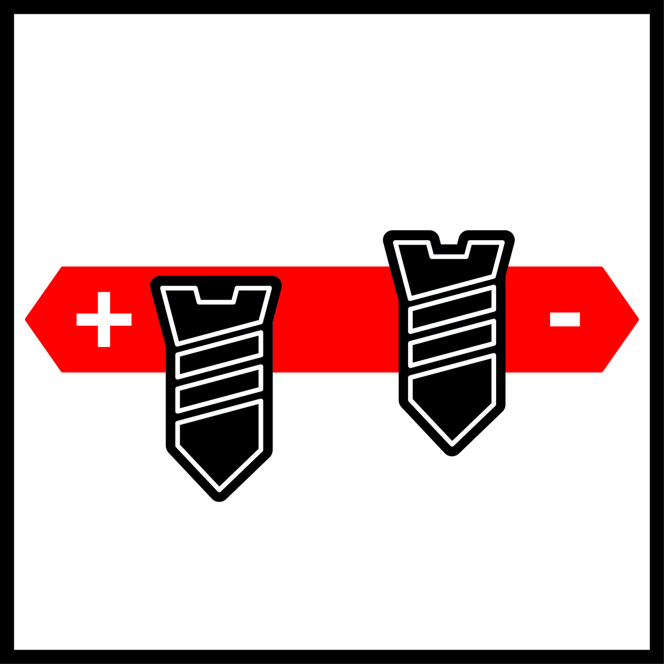 Ein Diagramm mit einem roten Balken, Plus- und Minuszeichen und einem Schraubensymbol auf jeder Seite.