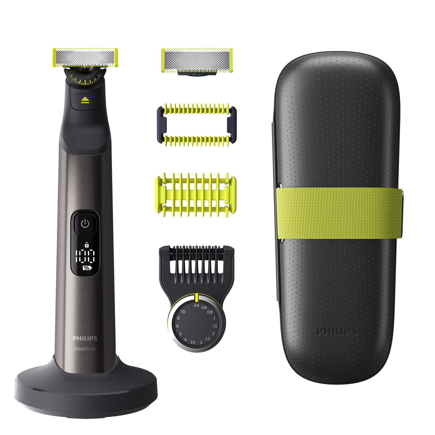 Czarno-szara maszynka Philips OneBlade, z akcesoriami i etui.