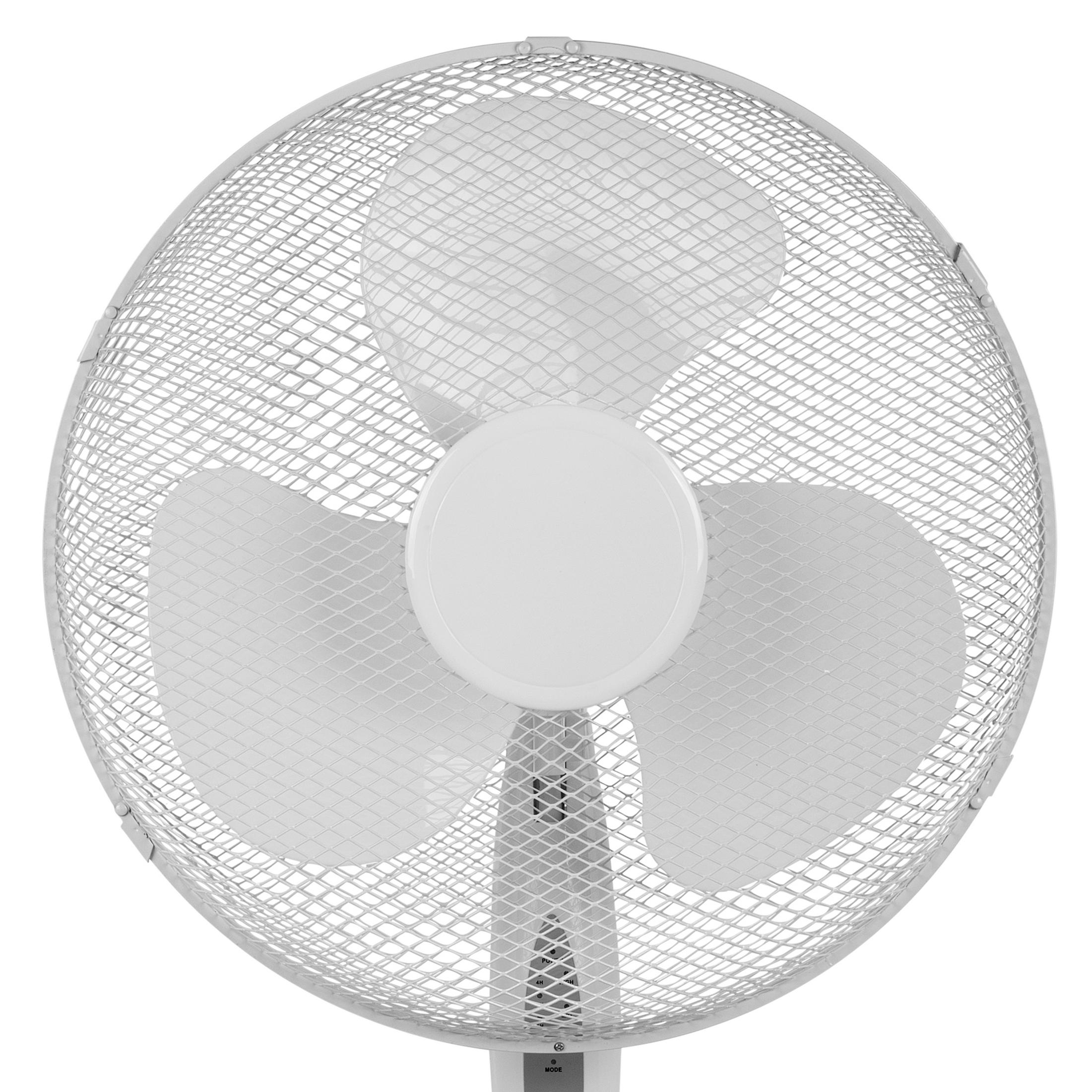 A white electric fan with three blades inside a protective metal grill.
