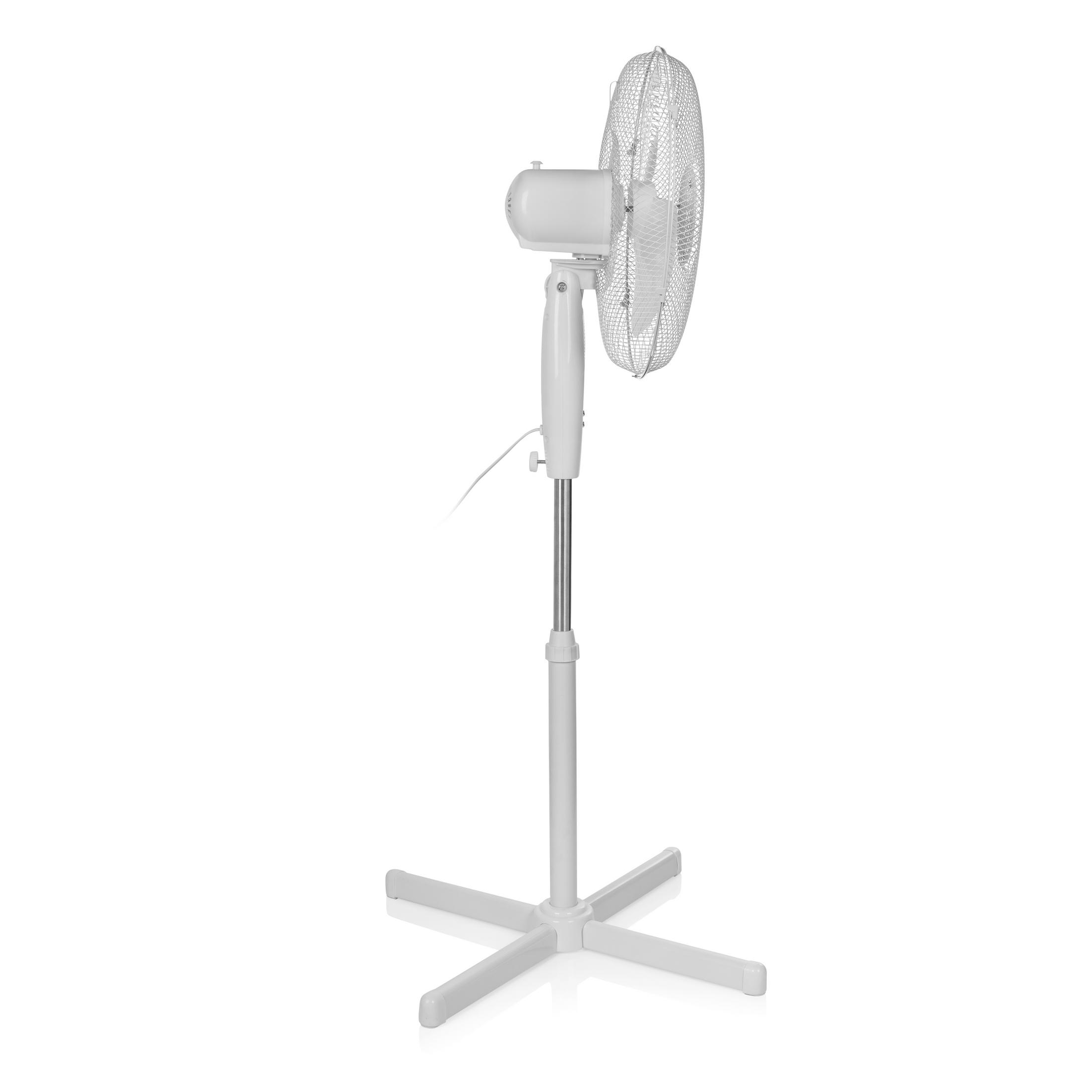 White standing fan with a metal grill and a cross-shaped base against a white backdrop.