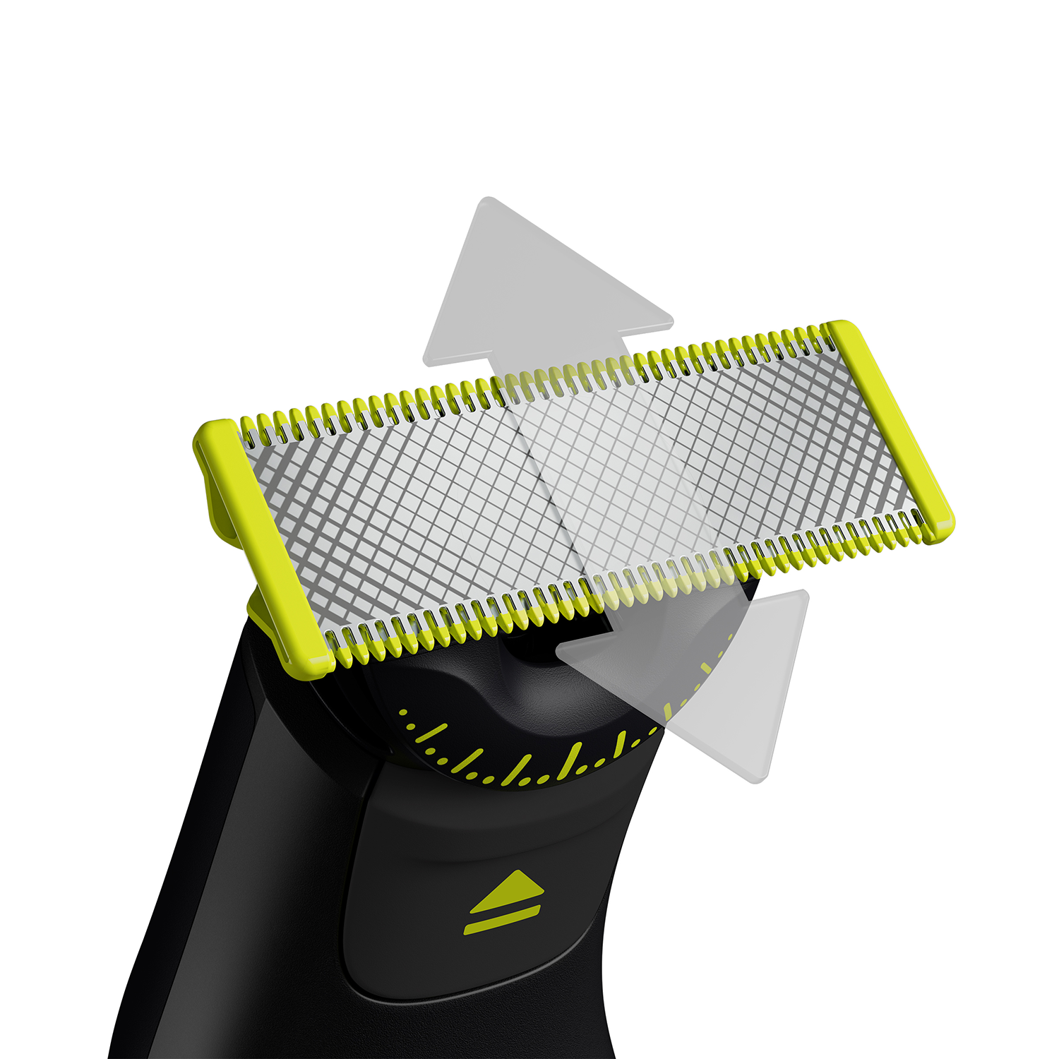 Głowica trymera Philips OneBlade pokazująca ostrze i strzałkę ruchu.
