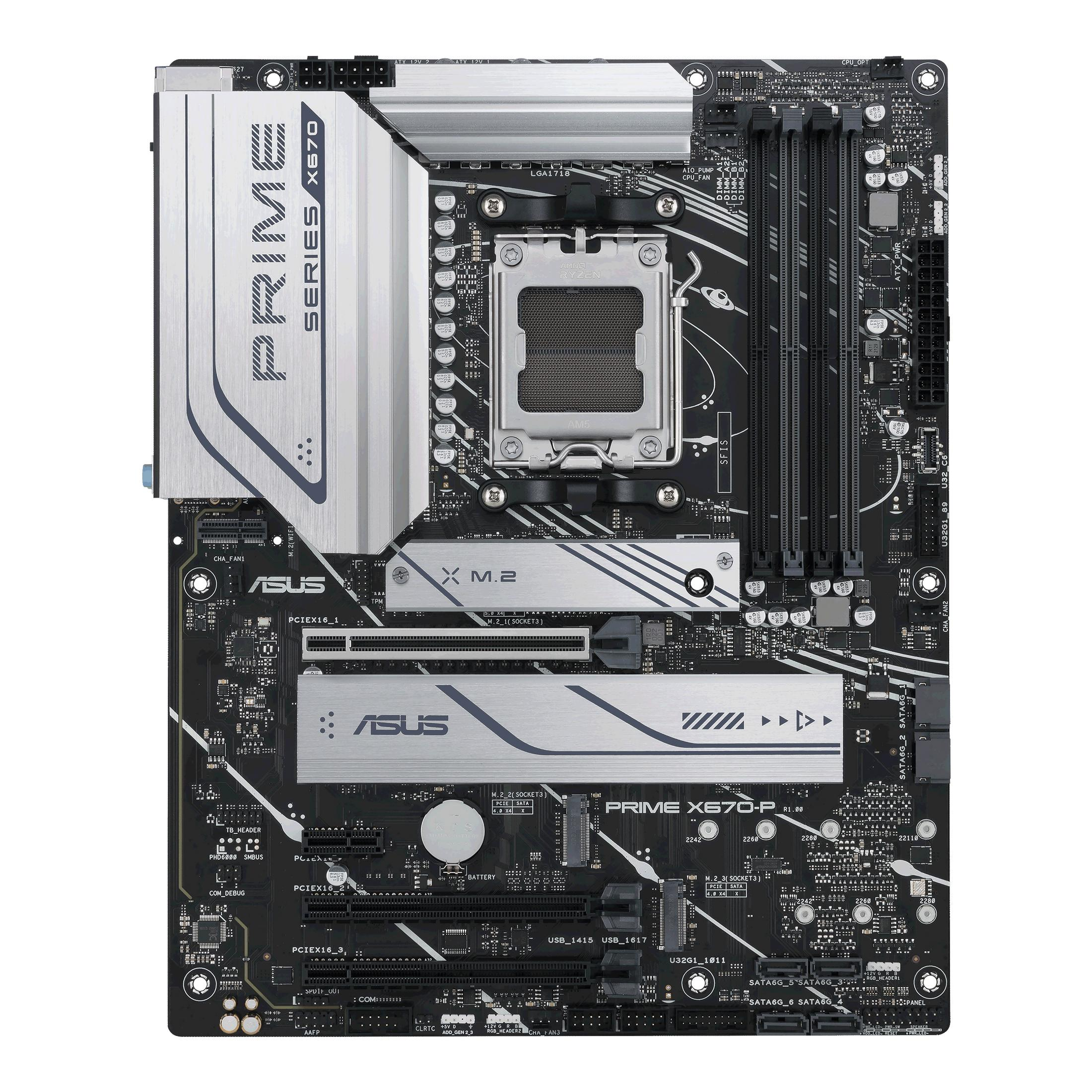 Scheda madre con diversi componenti. Ha un dissipatore di calore argentato con scritto "PRIME SERIES X670".