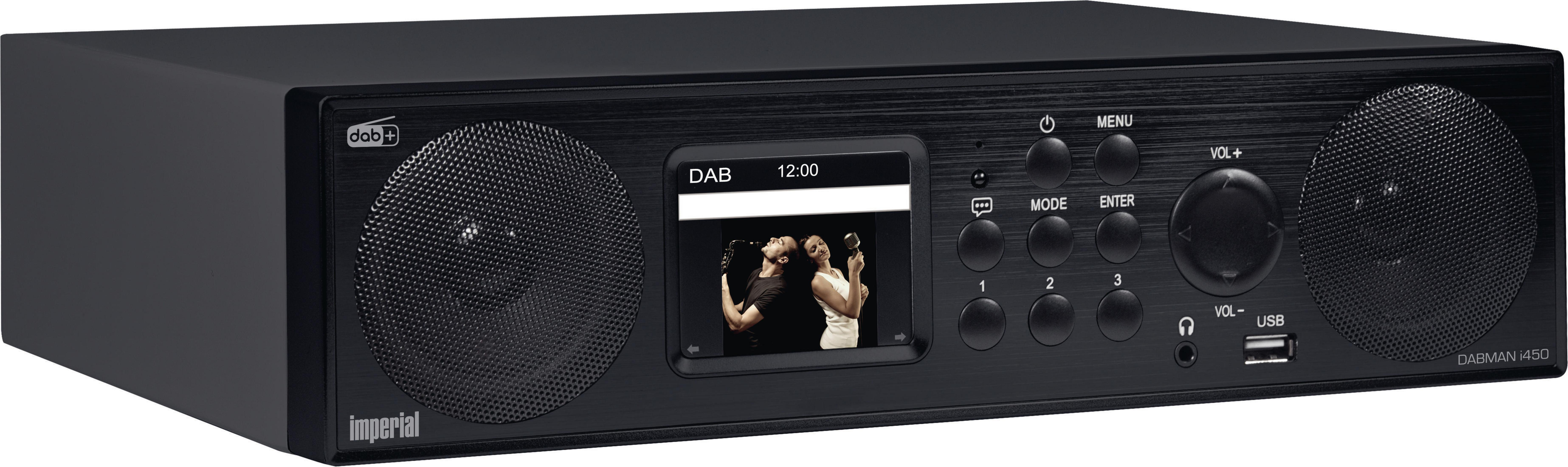 Radio negra con pantalla que muestra imágenes, con botones y puerto USB. Sobre fondo blanco.
