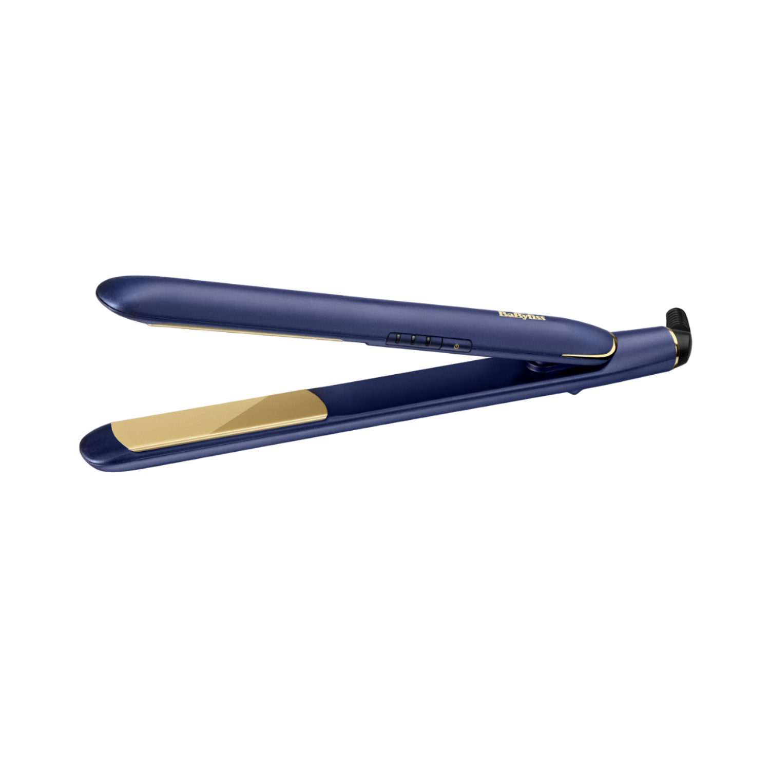 Niebieska prostownica do włosów ze złotymi akcentami, otwarta. Na czarnym tle. Ma elegancki design.