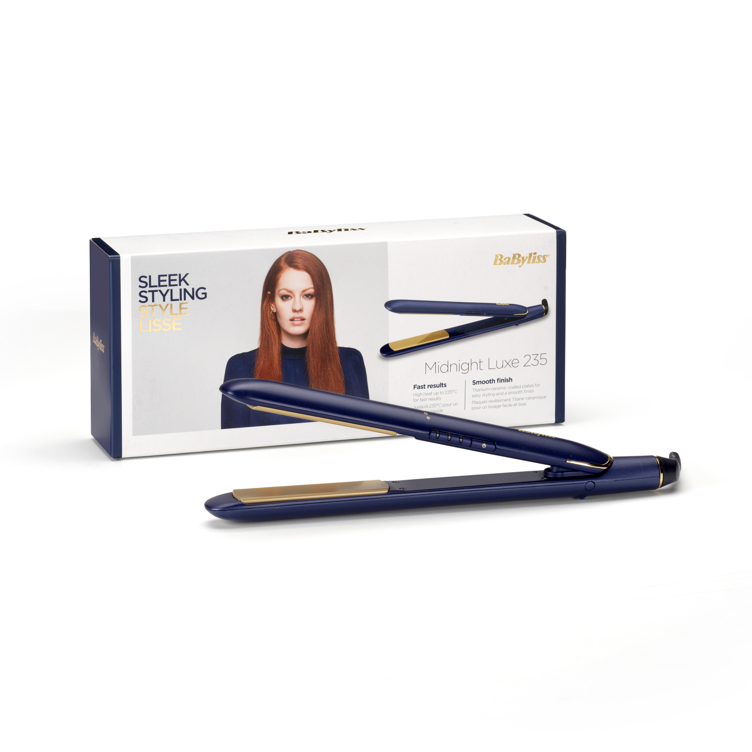 Pudełko ze zdjęciem kobiety i niebieska prostownica do włosów ze złotą płytką na białym tle.