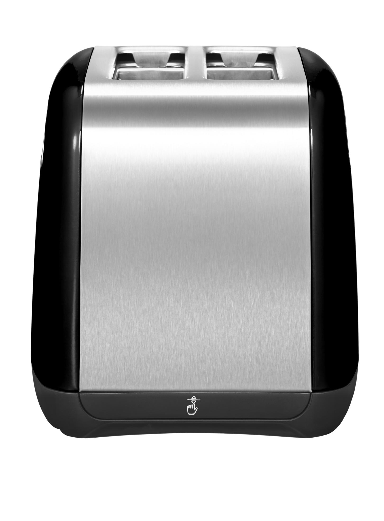 Black and silver toaster with two slots and a control panel at the bottom.