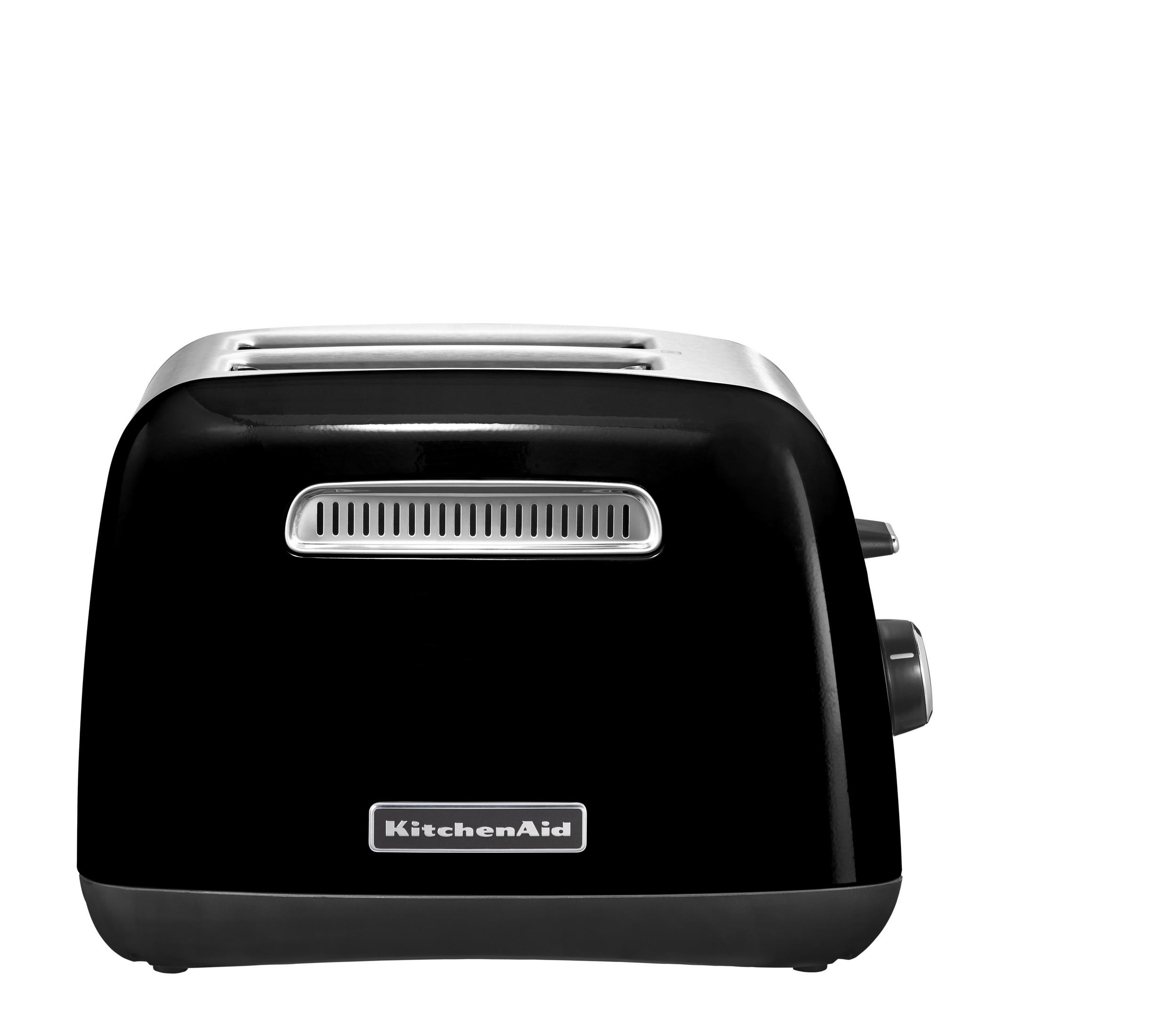 A black KitchenAid toaster with two slots. The KitchenAid logo is visible on the front.