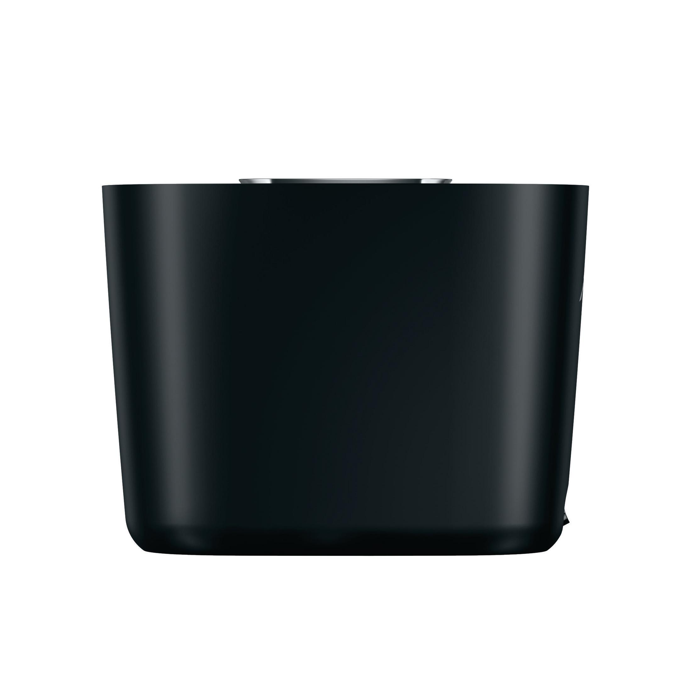Una macchina da caffè nera, una vista frontale del design, senza pulsanti visibili.