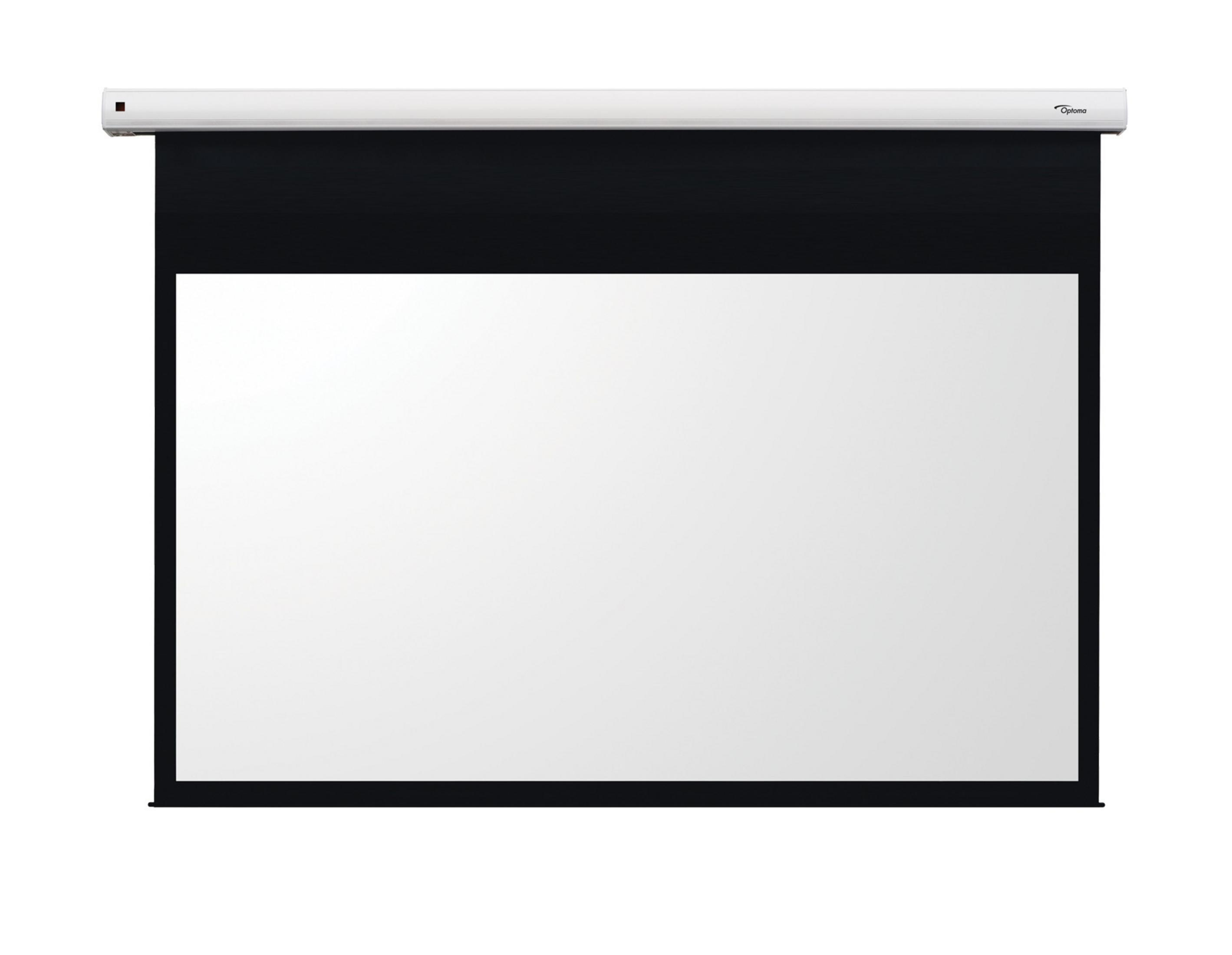 Pantalla de proyector blanca, marco negro. La pantalla está bajada, lista. Sobre fondo blanco.