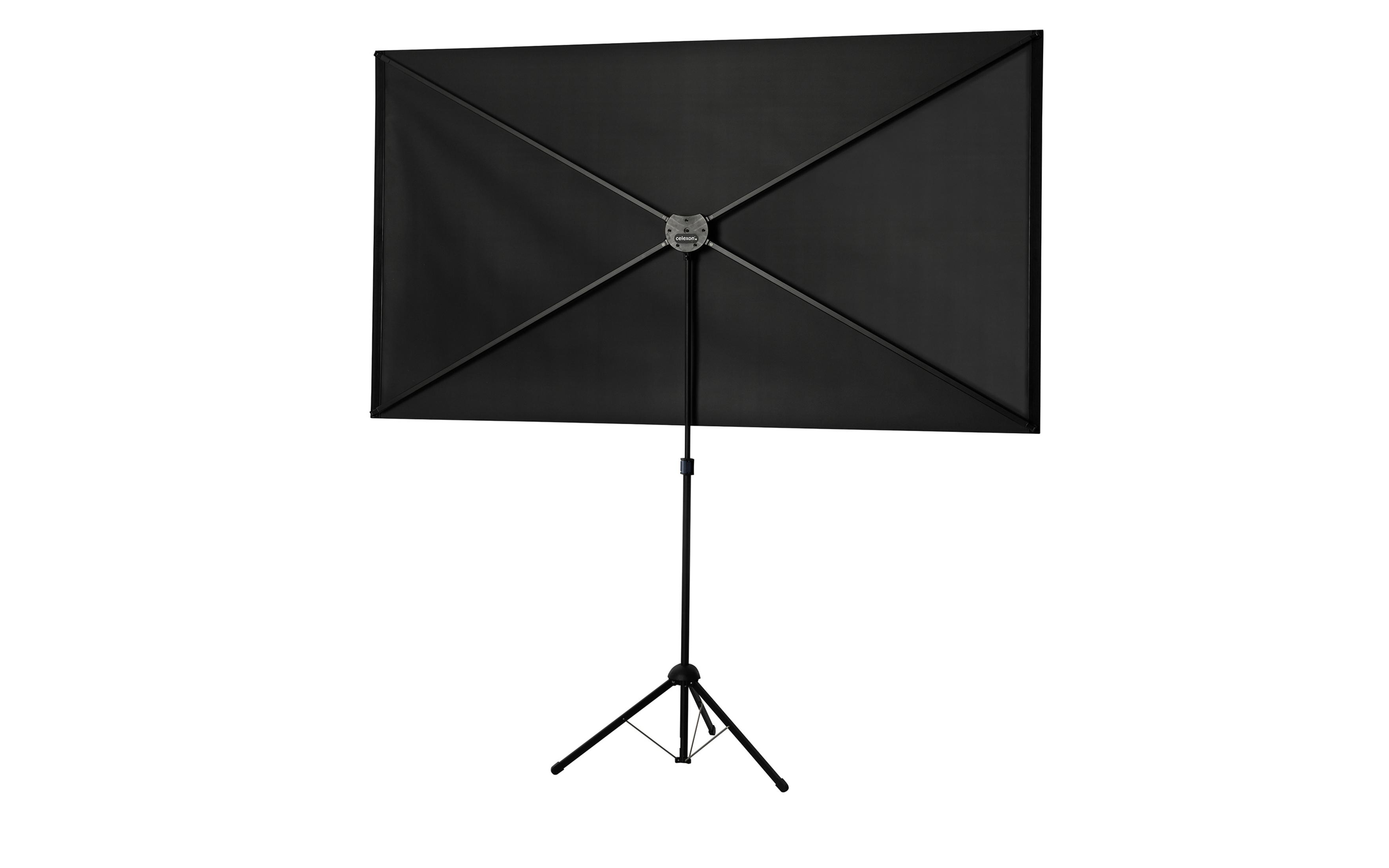 Schwarze Projektorleinwand auf einem Stativständer. Der Bildschirm ist rechteckig und hat eine schwarze Oberfläche.