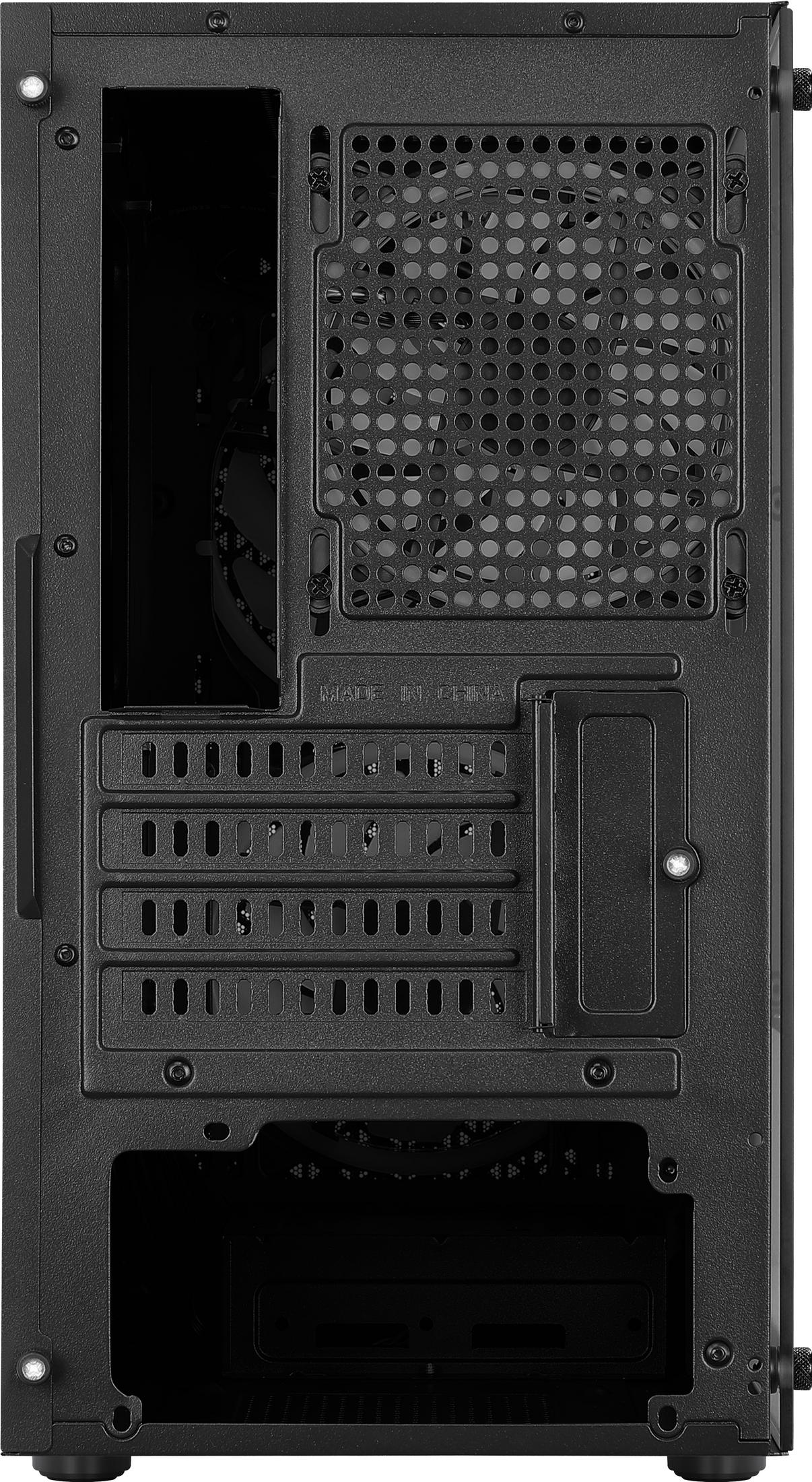 Rückansicht eines schwarzen Computergehäuses, Innenraum mit Lüfter und Montageplätzen.