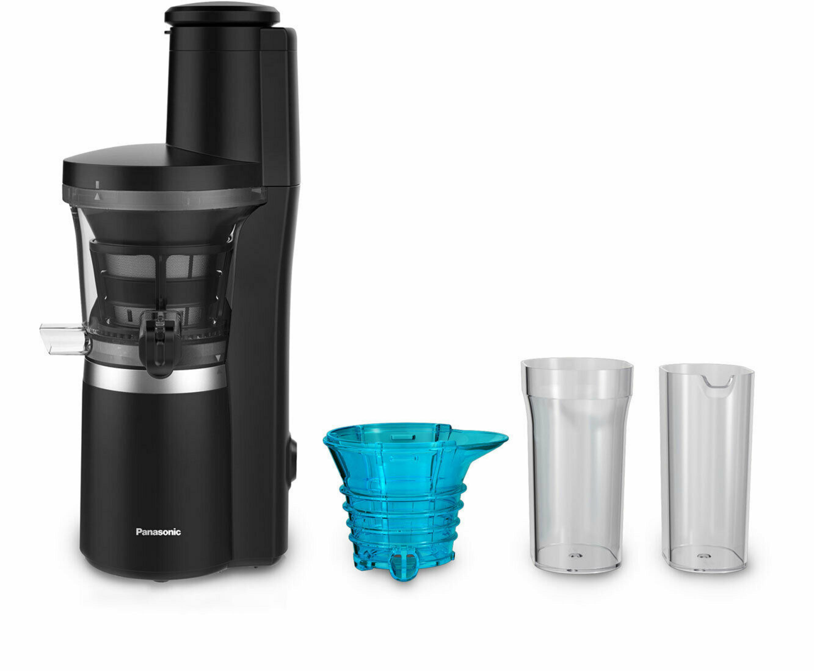 Czarna wyciskarka do soku z kilkoma elementami, w tym niebieskim pojemnikiem i dwiema przezroczystymi filiżankami.