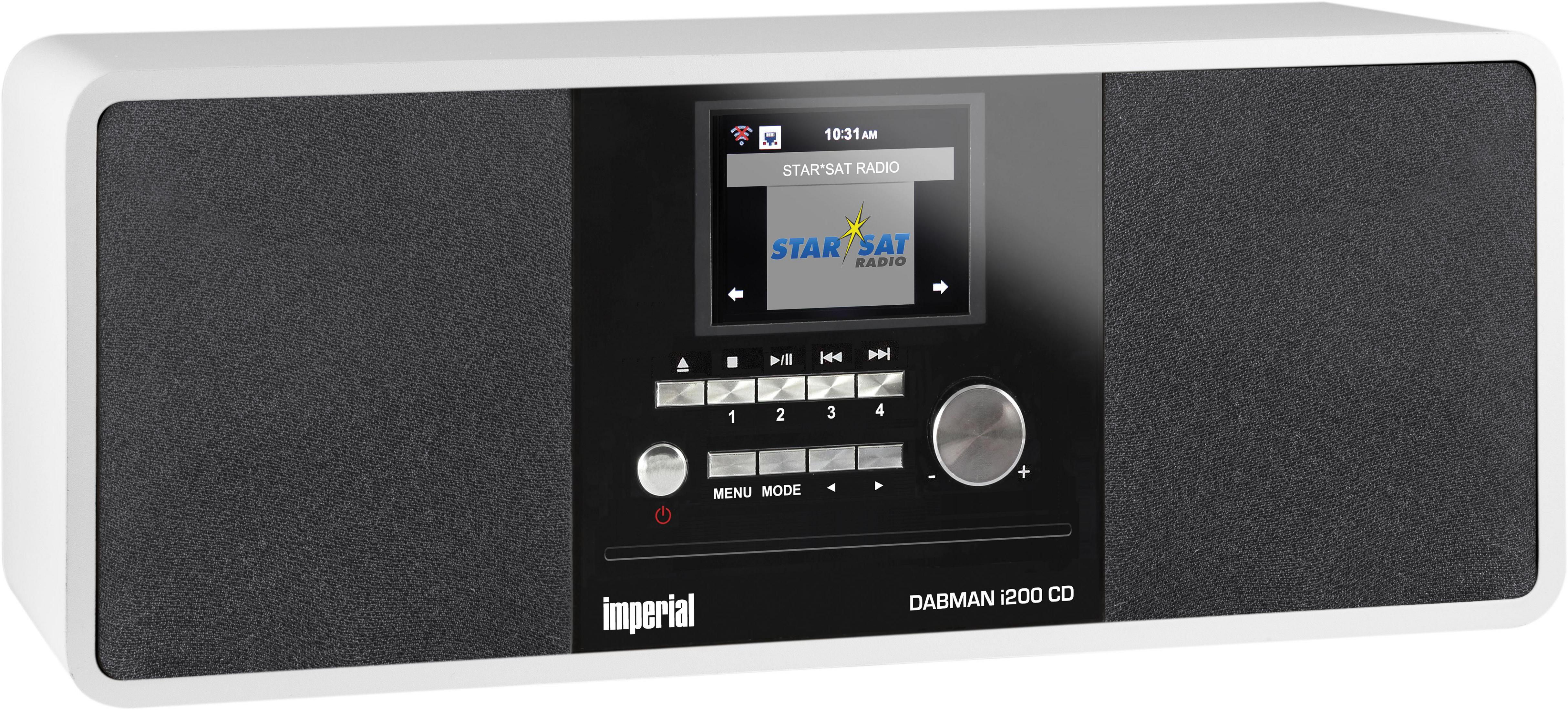 Una radio DABMAN 1200 CD blanca y negra con pantalla y controles.