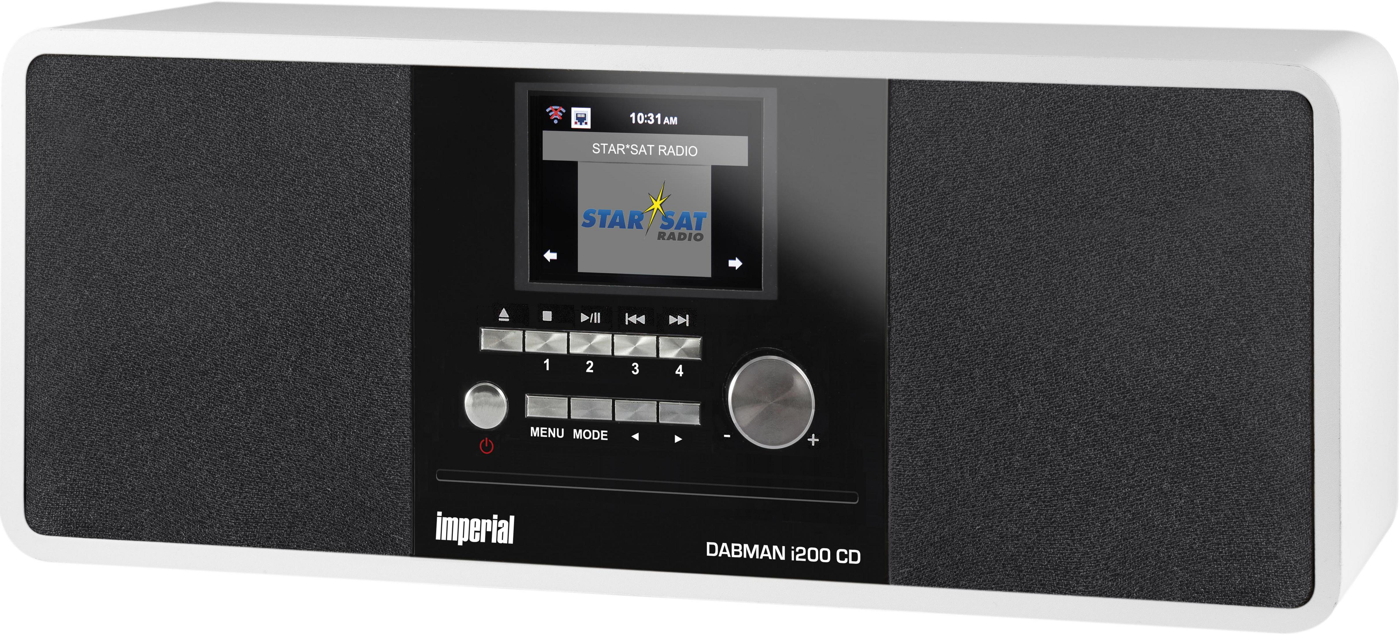 Radio Imperial DABMAN i200 CD blanco. Malla de altavoz negra a los lados, pantalla, botones y una perilla.