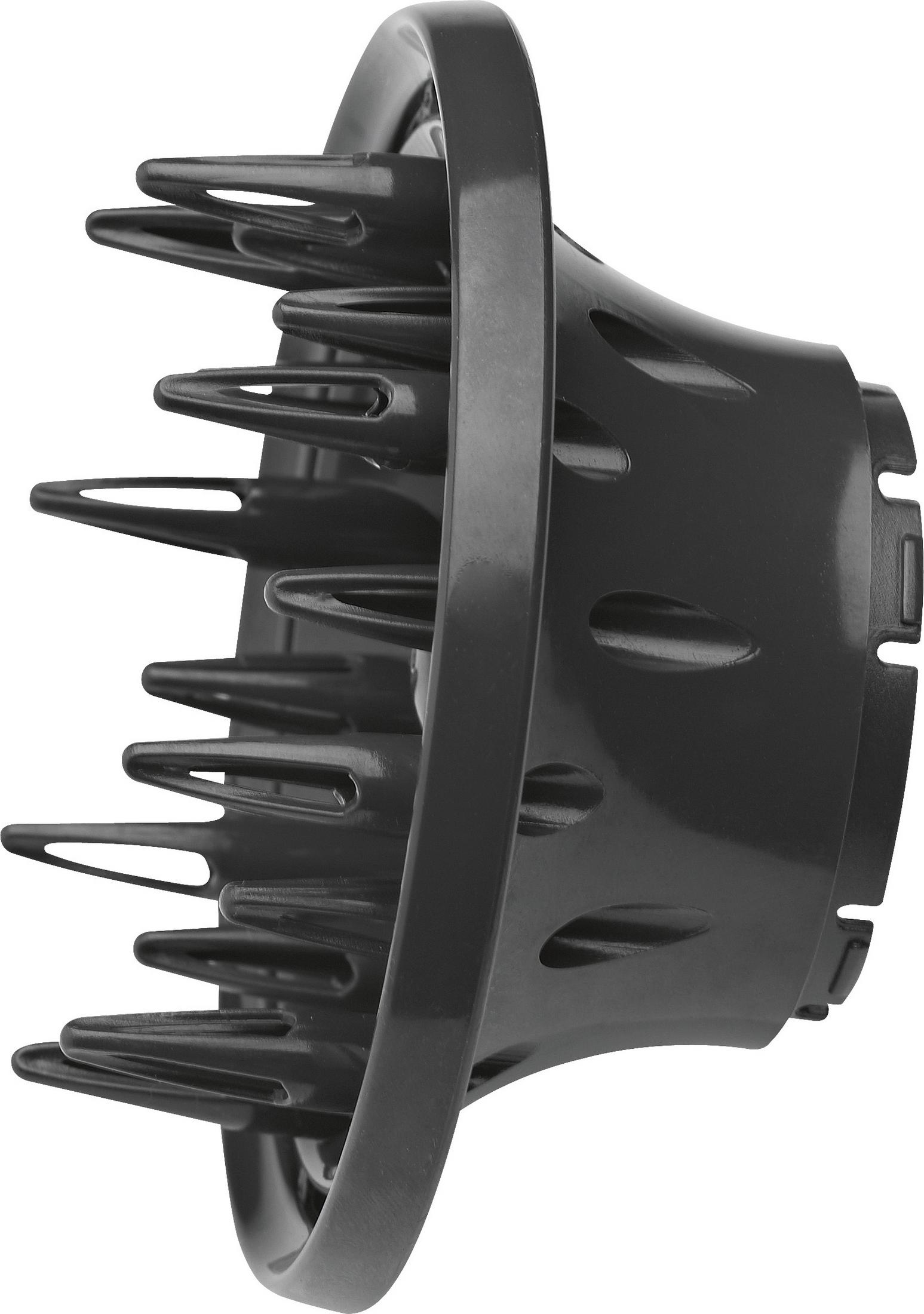 Czarny dyfuzor do suszarki z kolczastymi palcami, zaprojektowany do tworzenia loków.