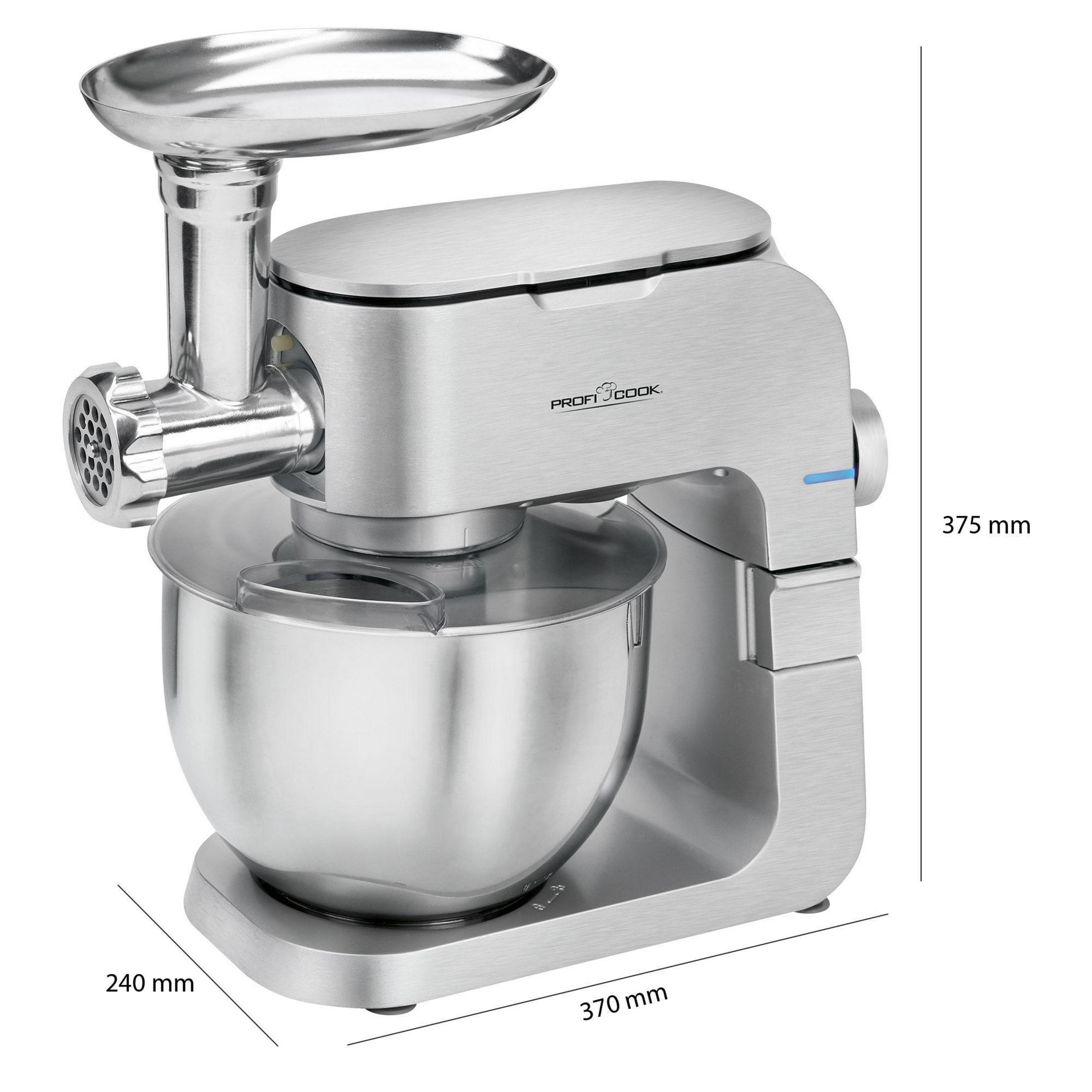 Mikser kuchenny ze stali nierdzewnej z przystawką do mielenia mięsa. Wymiary w milimetrach są podane.