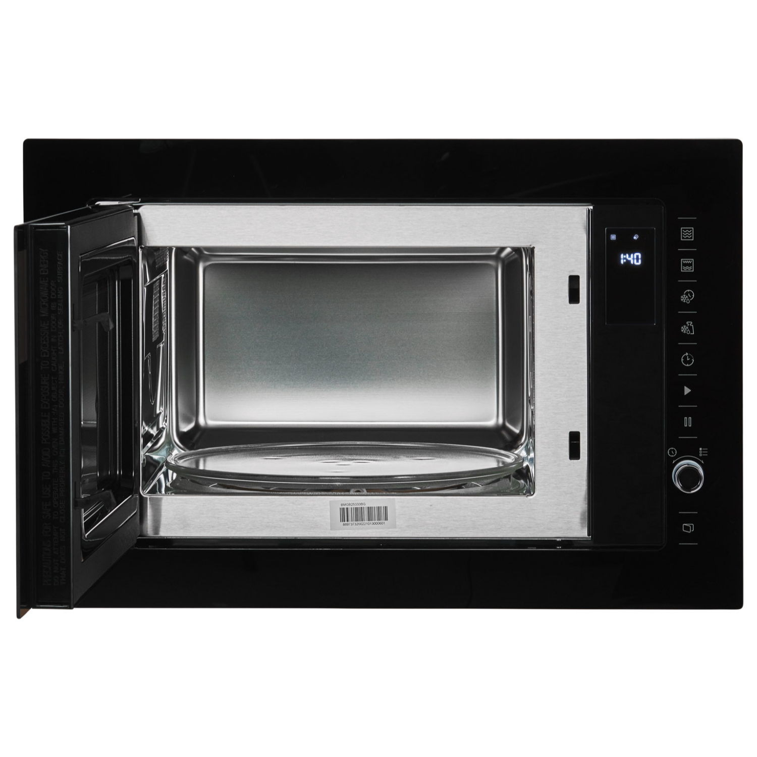 Kuchenka mikrofalowa, widok wnętrza. Wnętrze ze stali nierdzewnej. Drzwi otwarte.