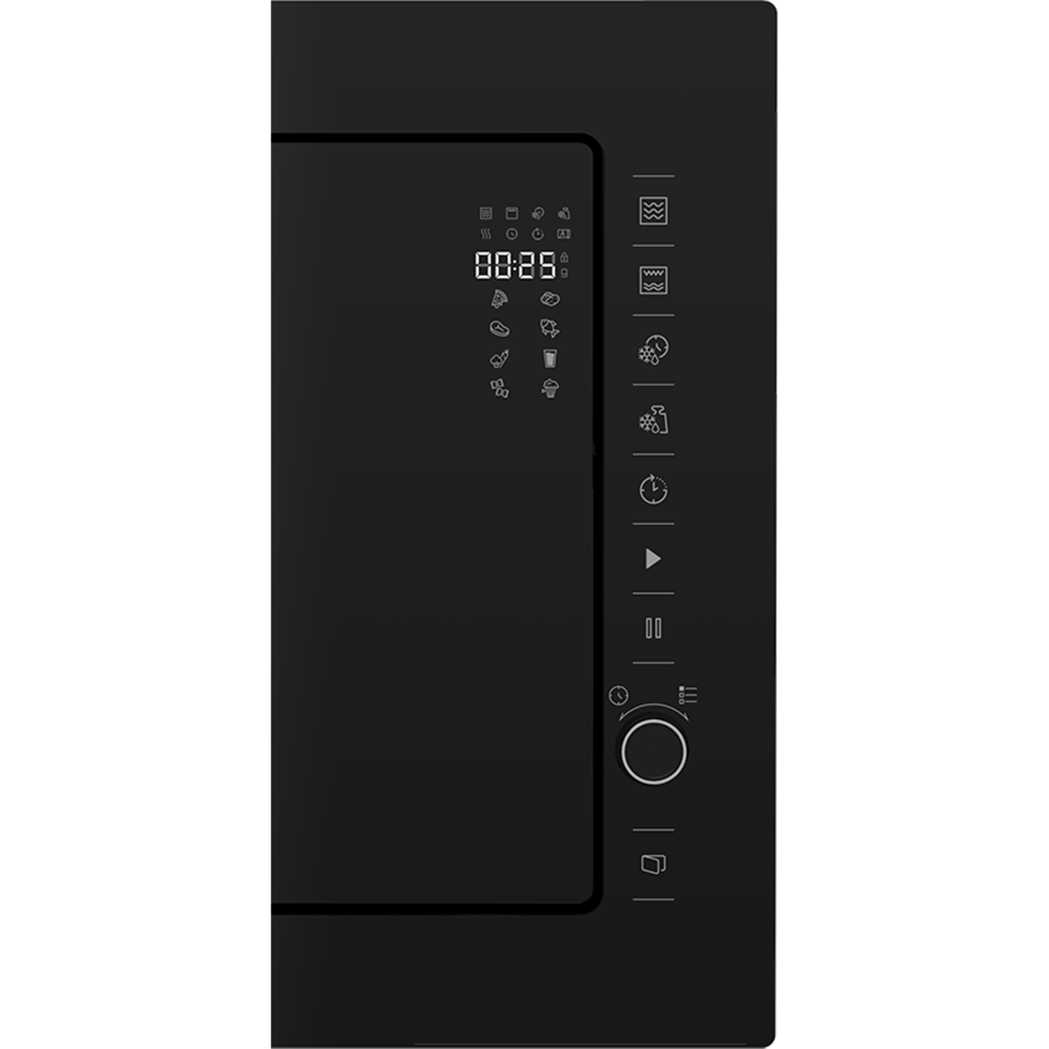 Czarny panel sterowania kuchenki mikrofalowej. Wyświetla czas i opcje gotowania.