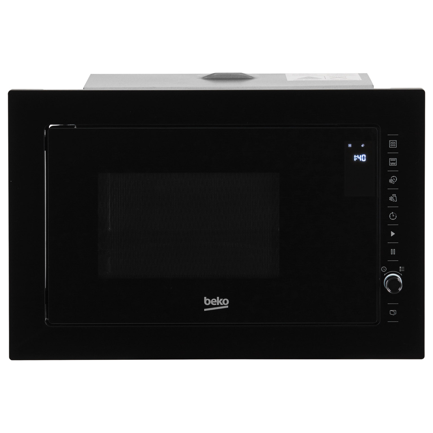 Czarny piekarnik mikrofalowy Beko z cyfrowym wyświetlaczem i panelem sterowania na białym tle.
