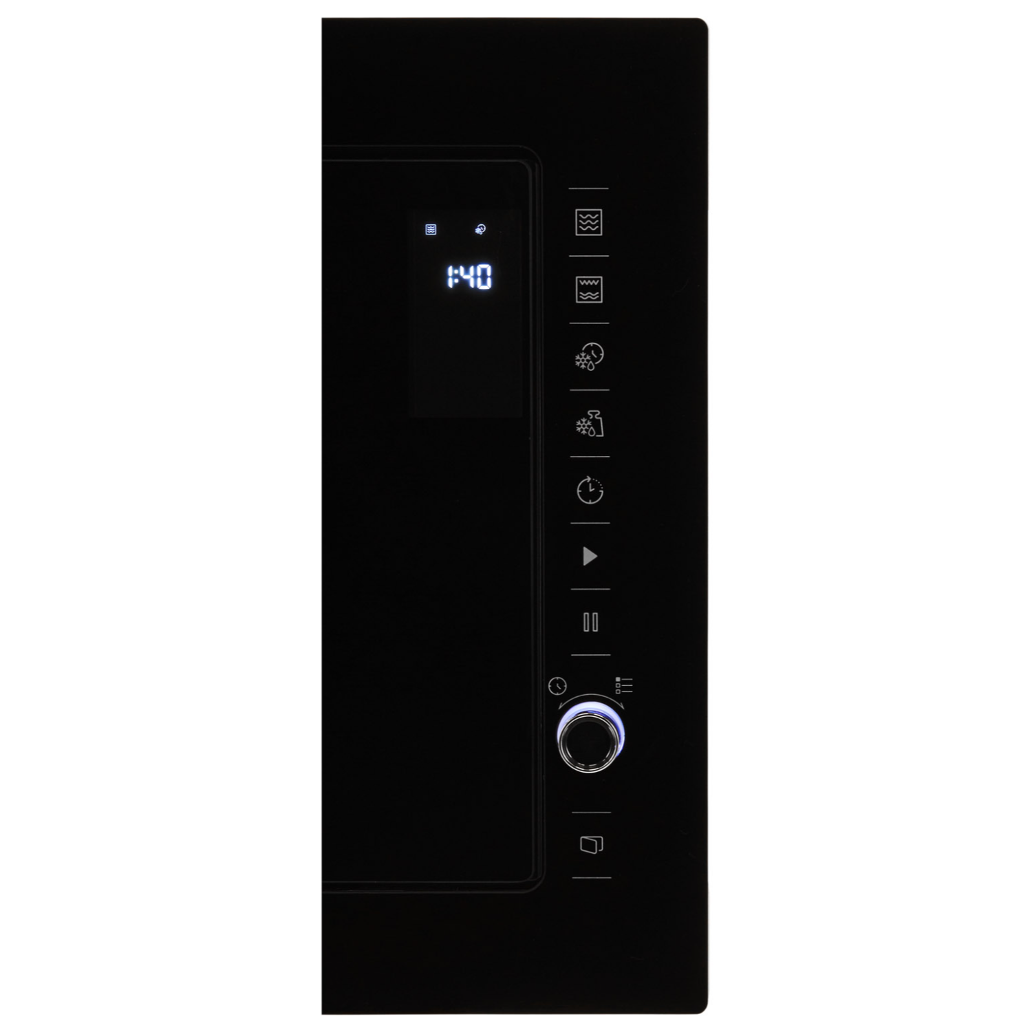 Czarny panel sterowania mikrofalówki z wyświetlaczem cyfrowym '1:40' oraz kilkoma ikonami i przyciskami.