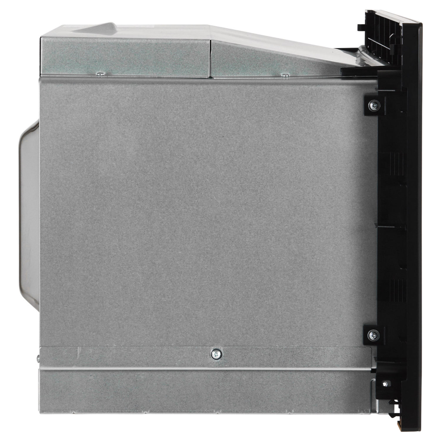 Widok z boku szarego i czarnego urządzenia. Białe tło.