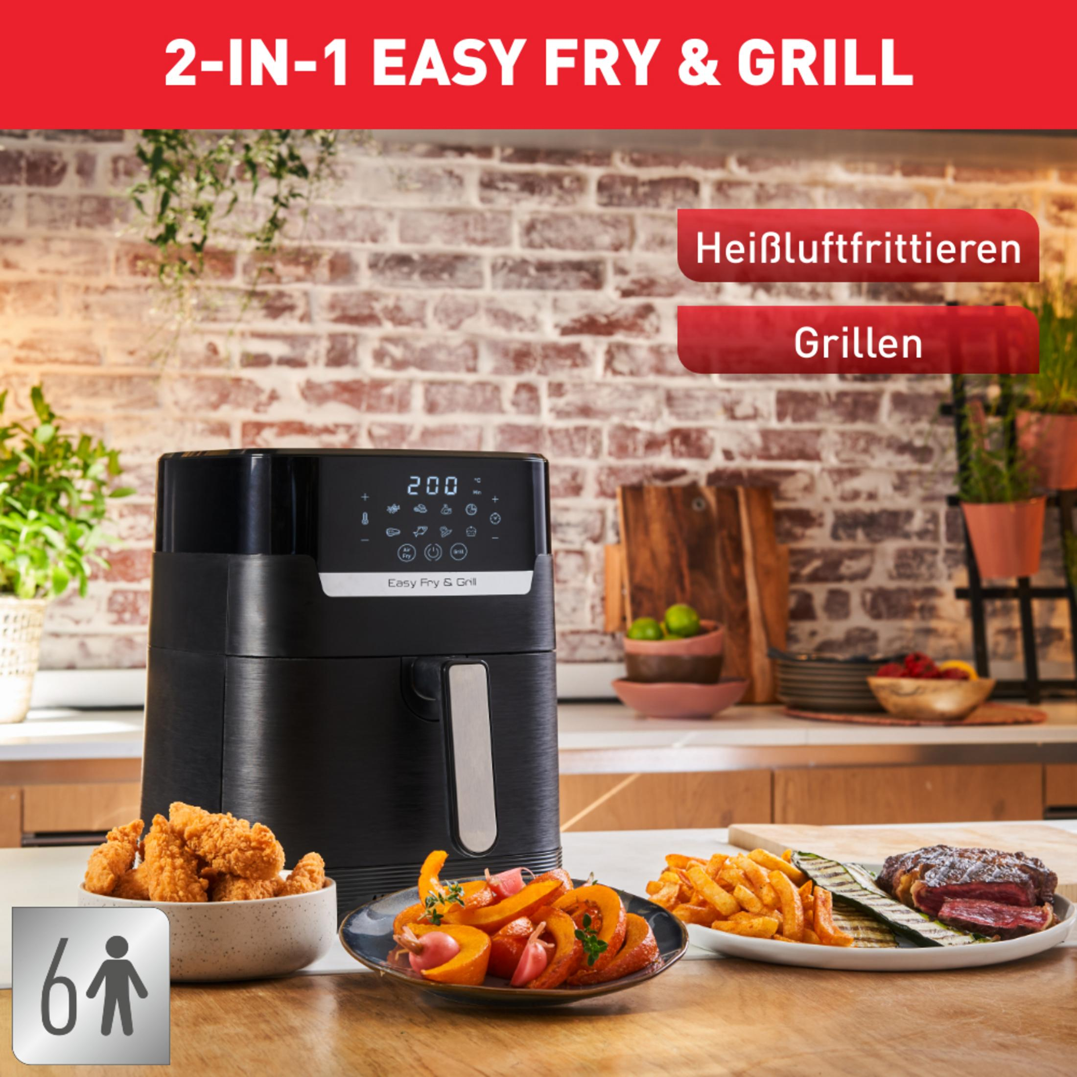 Czarna frytkownica powietrzna z jedzeniem na talerzach. Tekst: '2-in-1 Easy Fry & Grill'.