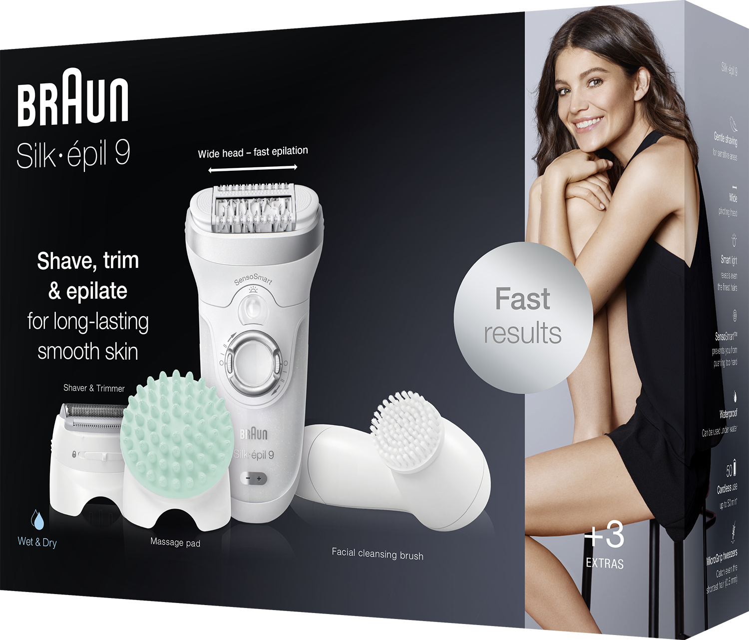 Braun Silk-épil 9, epilatör, tıraş başlığı, masaj pedi, fırça ve oturan kadın. Gri zemin.