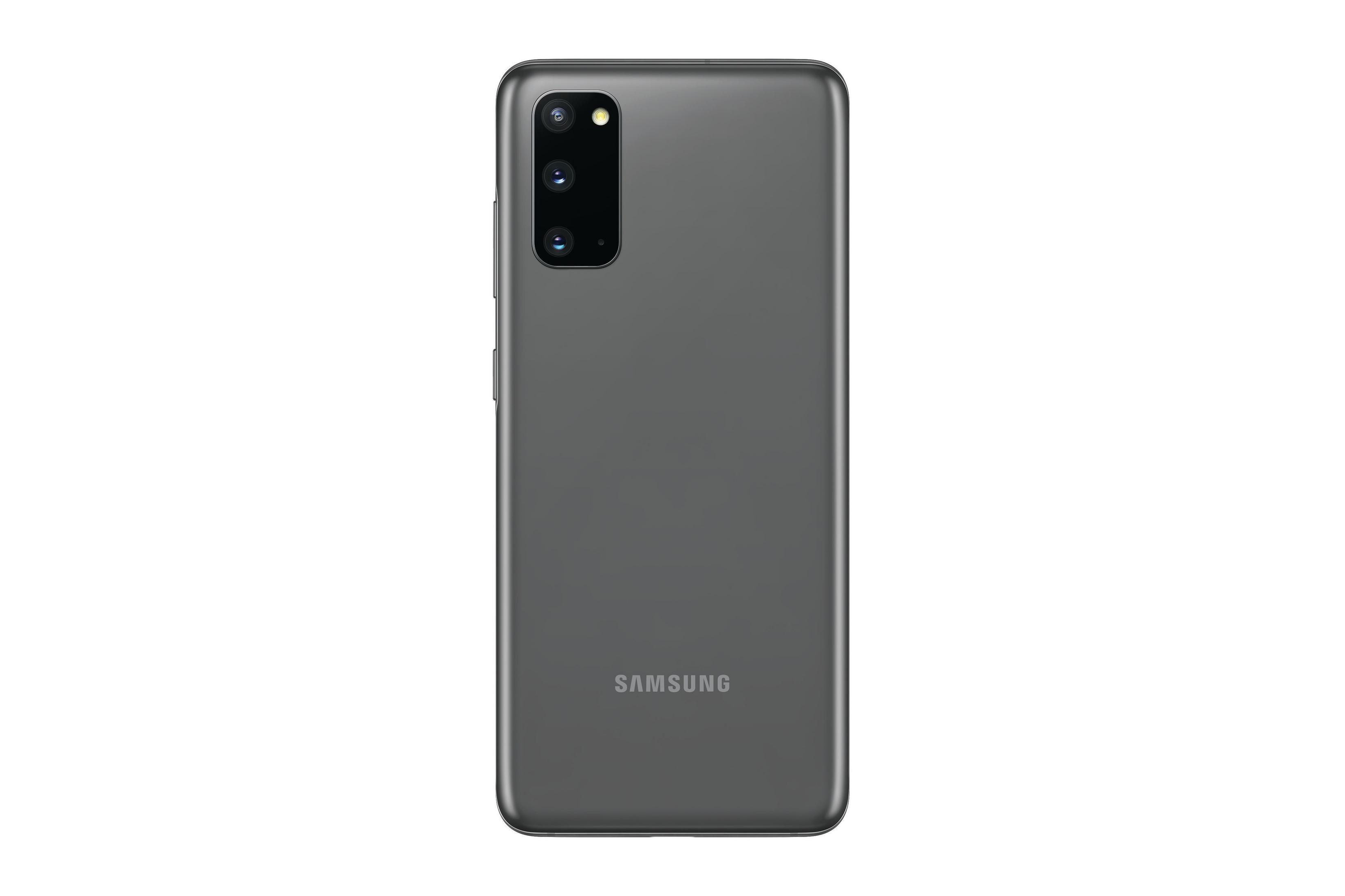 Graue Samsung-Telefonrückseite mit drei Kameras und dem Samsung-Logo. Telefon zentriert.