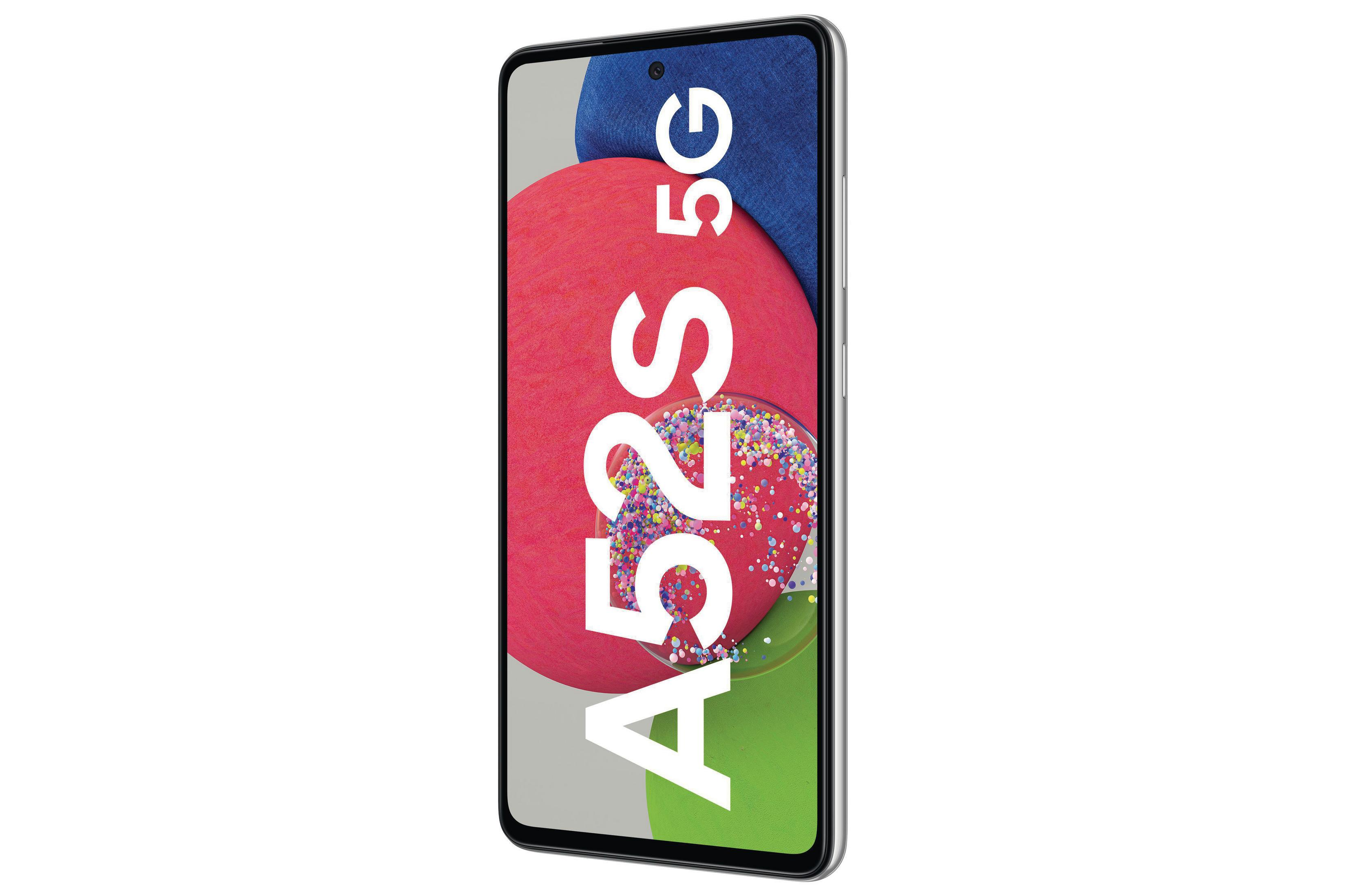 Samsung A52S 5G telefoon met een kleurrijke achtergrond.