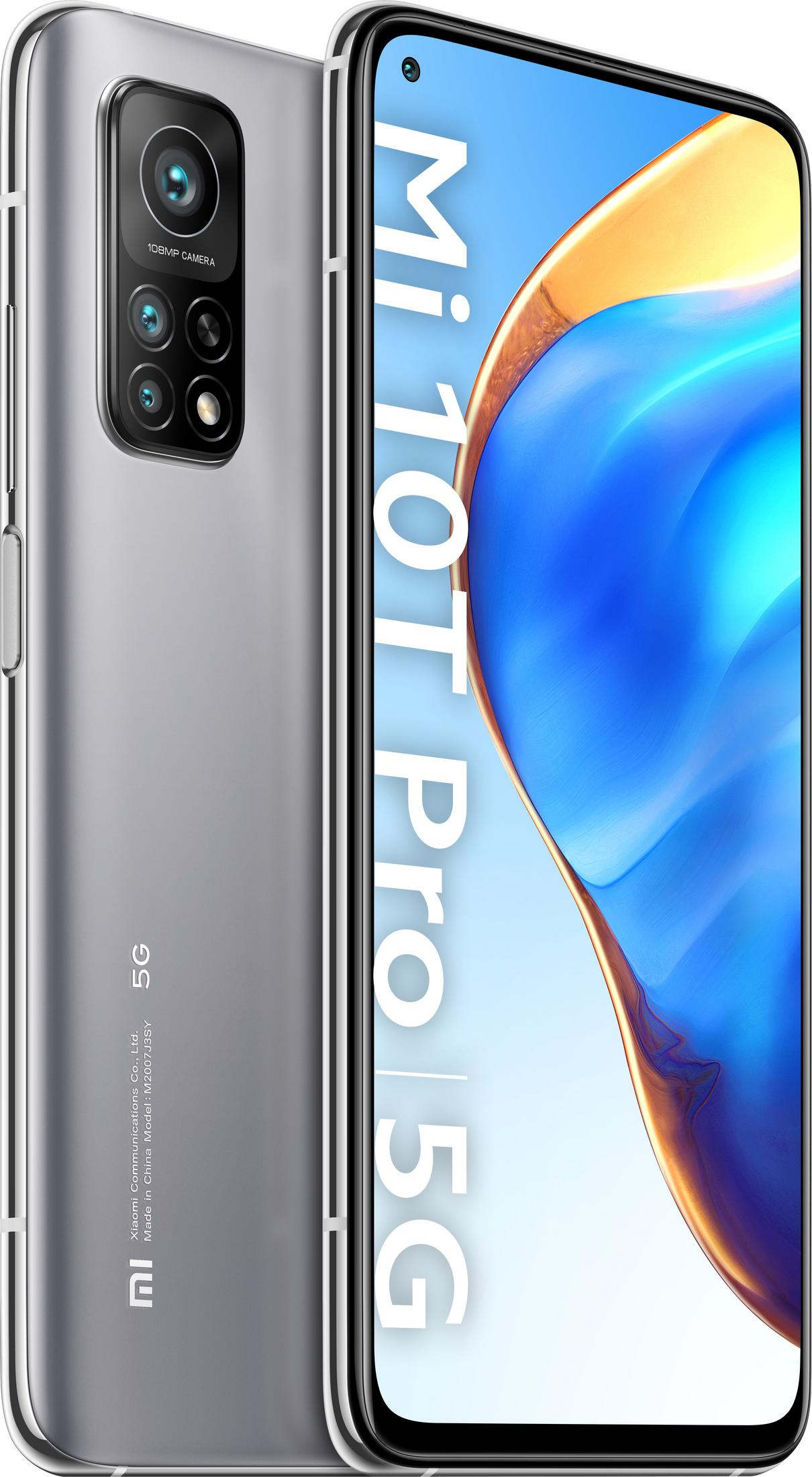Srebrny smartfon z wieloma tylnymi aparatami i napisem "Mi 10T Pro 5G".