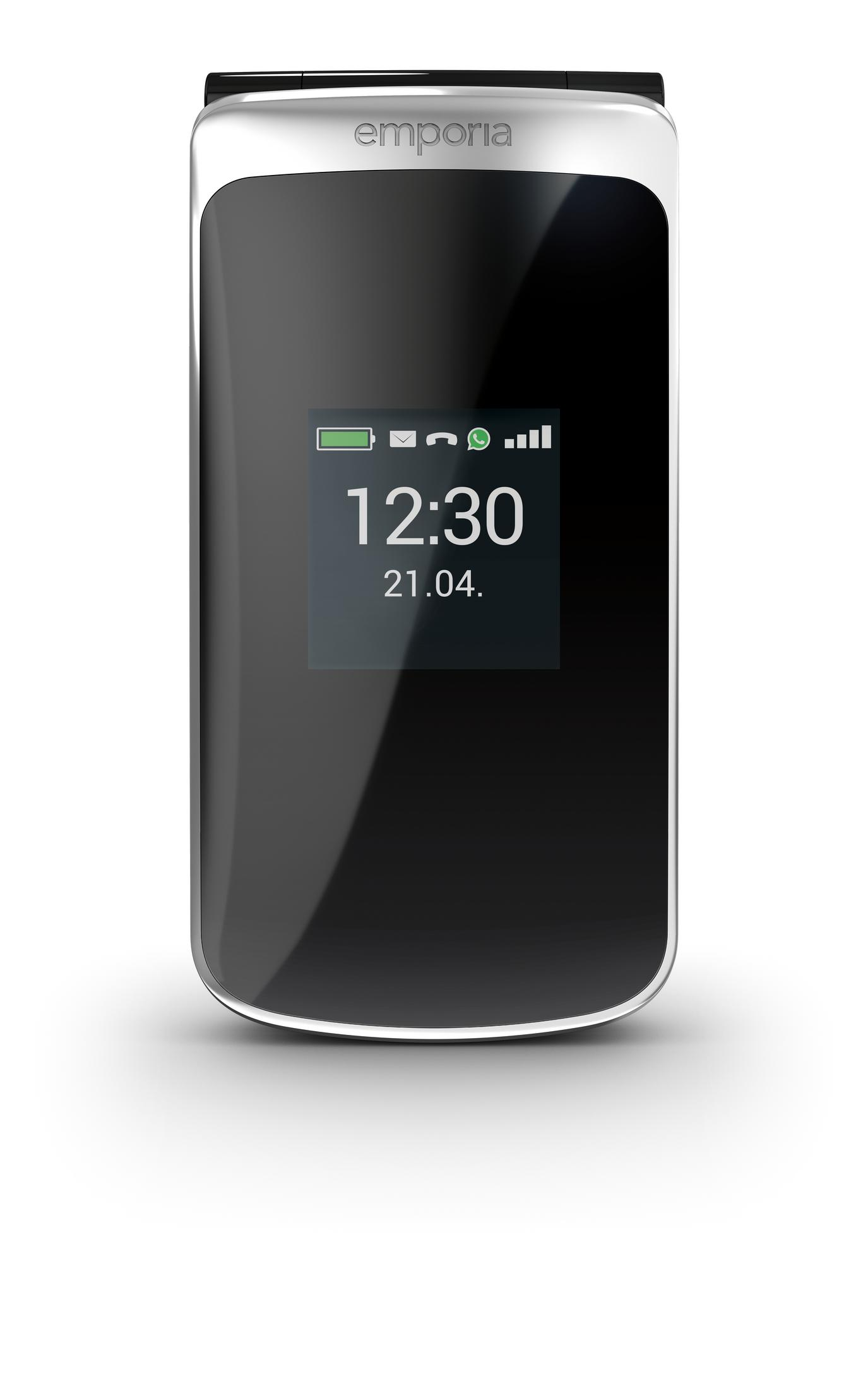 Czarno-biały telefon Emporia z klapką z ekranem wyświetlającym godzinę, datę i stan baterii.