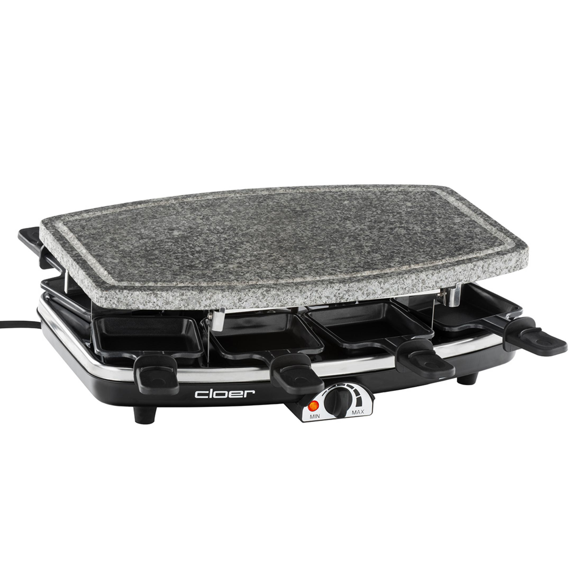 Ein Raclette-Grill mit einer Stein-Kochfläche. Er hat schwarze Pfännchen und einen Temperaturregler.