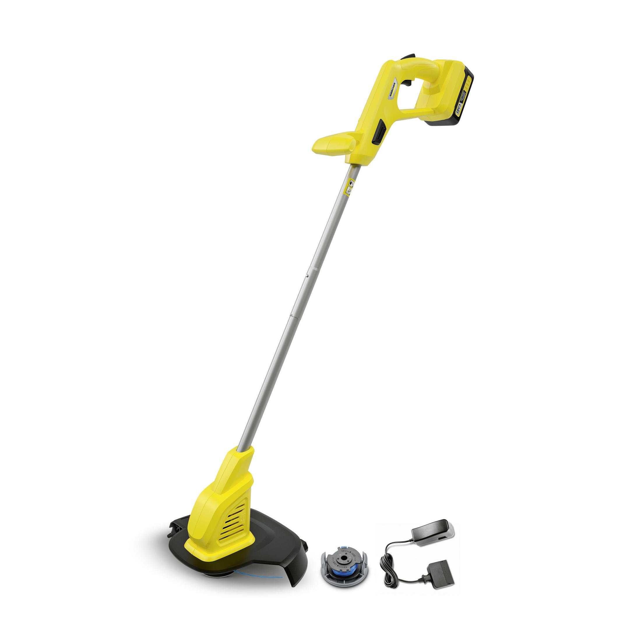 Un cortabordes Karcher amarillo con protector de corte negro. Tiene batería y cargador.