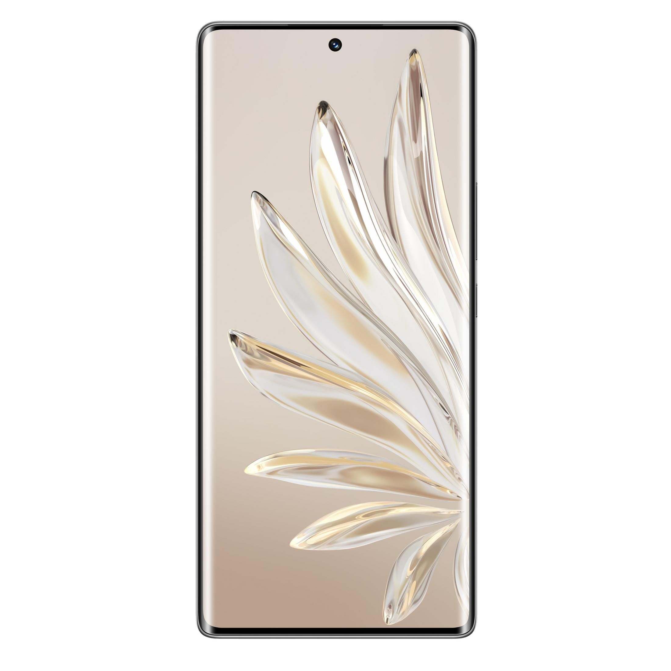 Smartfon z jasnym tłem i płynnym, złotym wzorem.