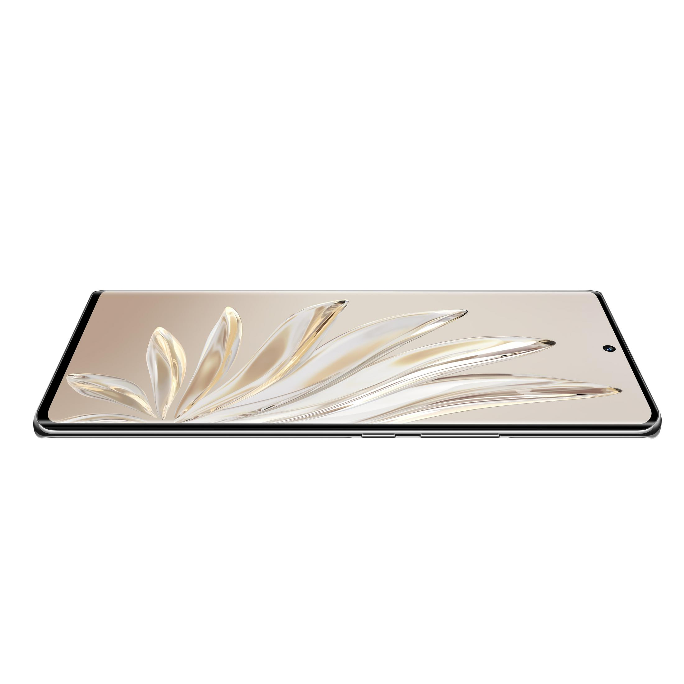 Smartfon ze złotym ekranem z kwiatowym wzorem. Czarna ramka i białe tło.