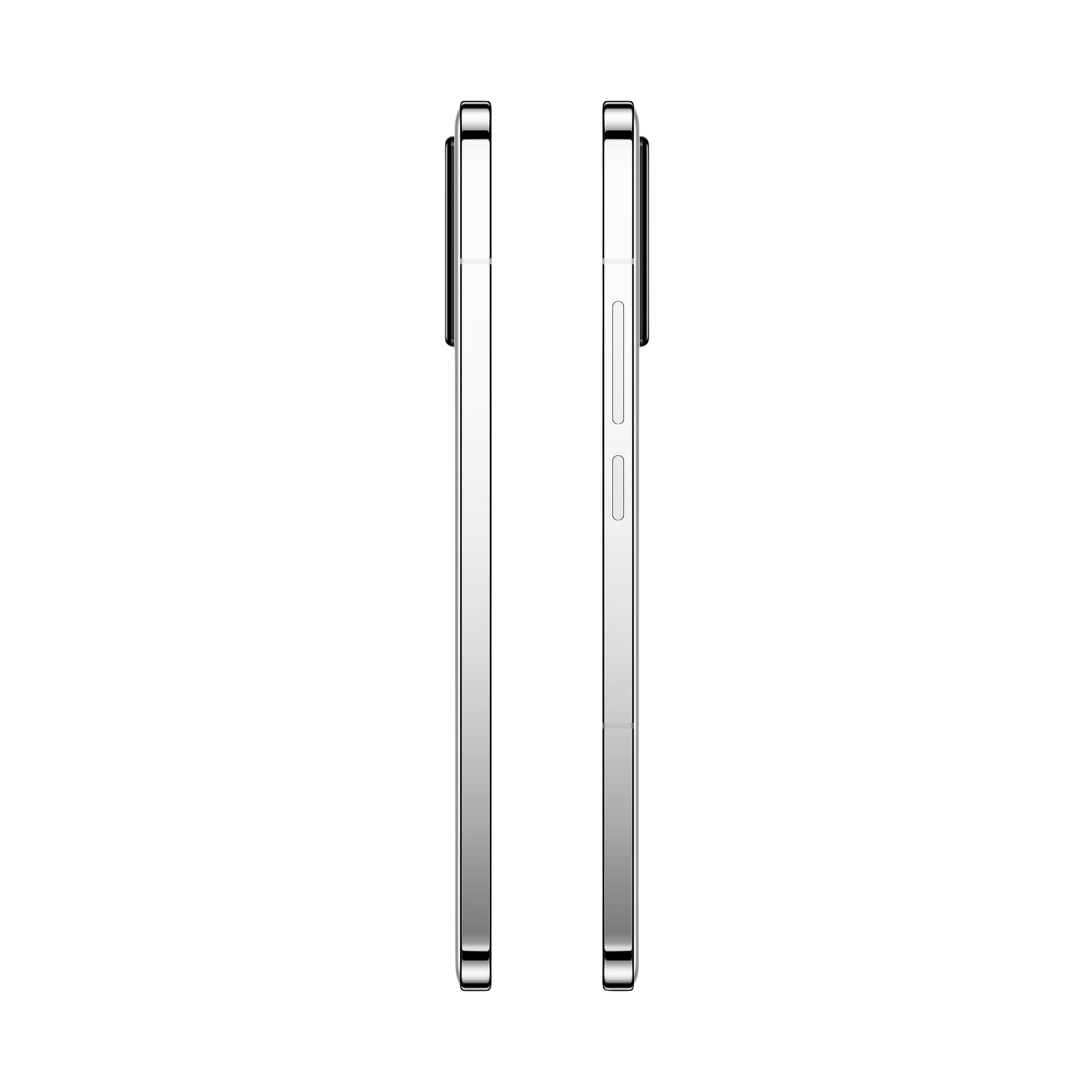 Twee zilveren smartphones naast elkaar op een zwarte achtergrond, die hun profielen tonen.
