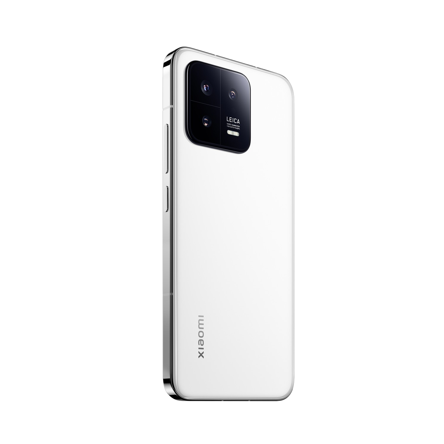 Witte smartphone met drievoudige lenscamera en Leica-merk. Zwarte achtergrond.