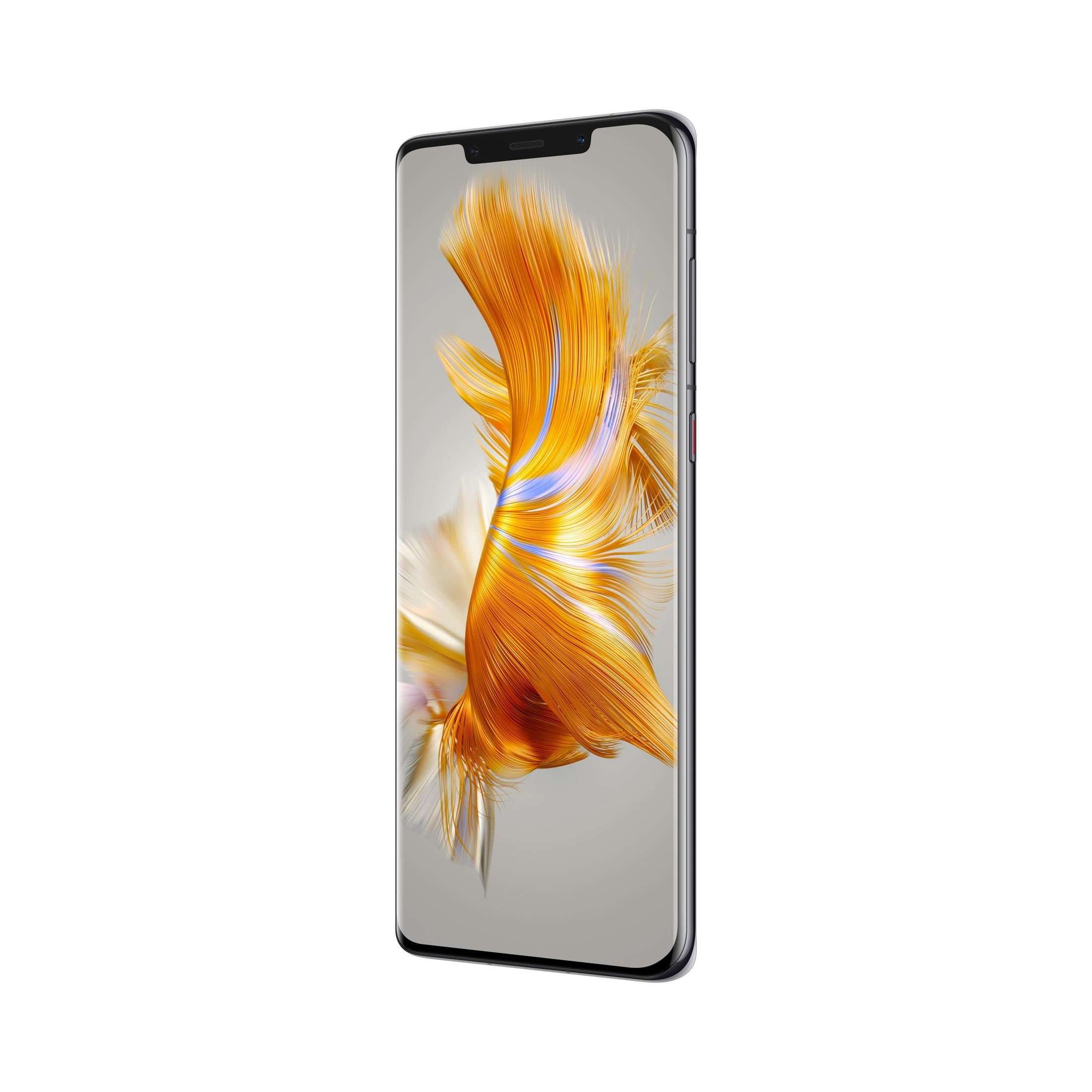 Smartphone mit einem Bildschirm, der ein goldfarbenes abstraktes Design anzeigt. Es hat einen schwarzen Rahmen. Weißer Hintergrund.