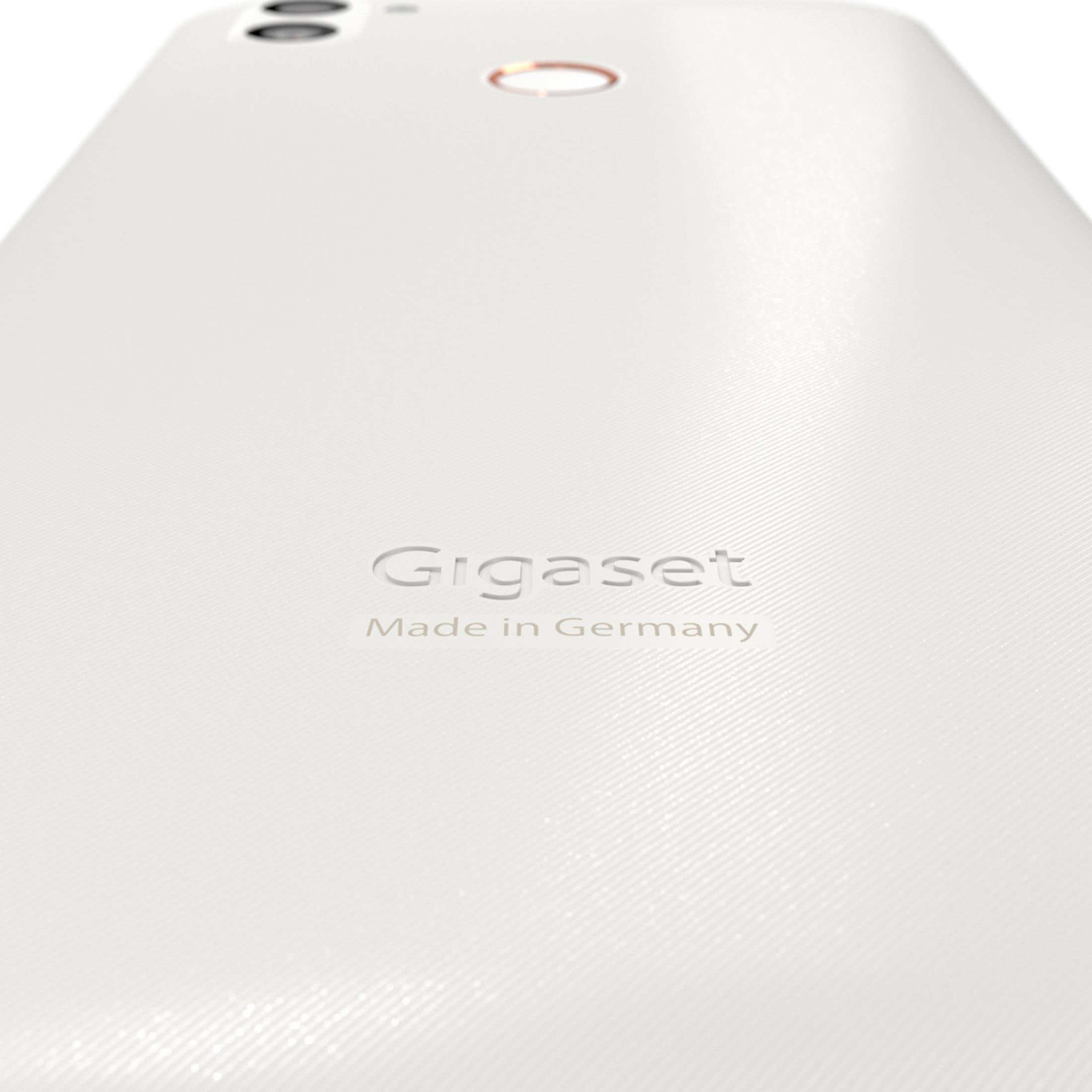 Rückseite eines weißen Smartphones mit dem Gigaset-Logo und Made in Germany.