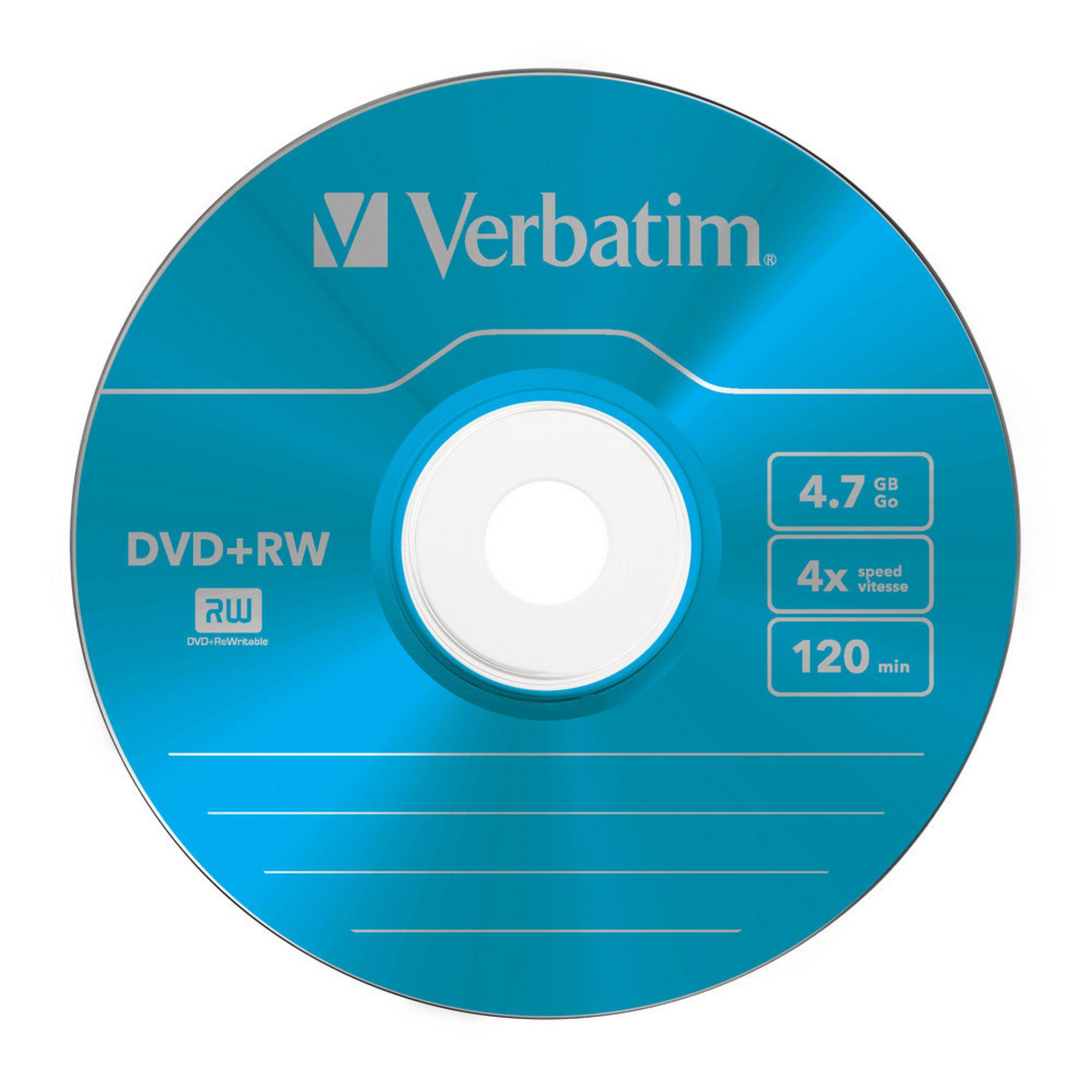 Blaue Verbatim DVD+RW-Disc mit Text zu Speicherkapazität und Geschwindigkeit. Weißer Hintergrund.