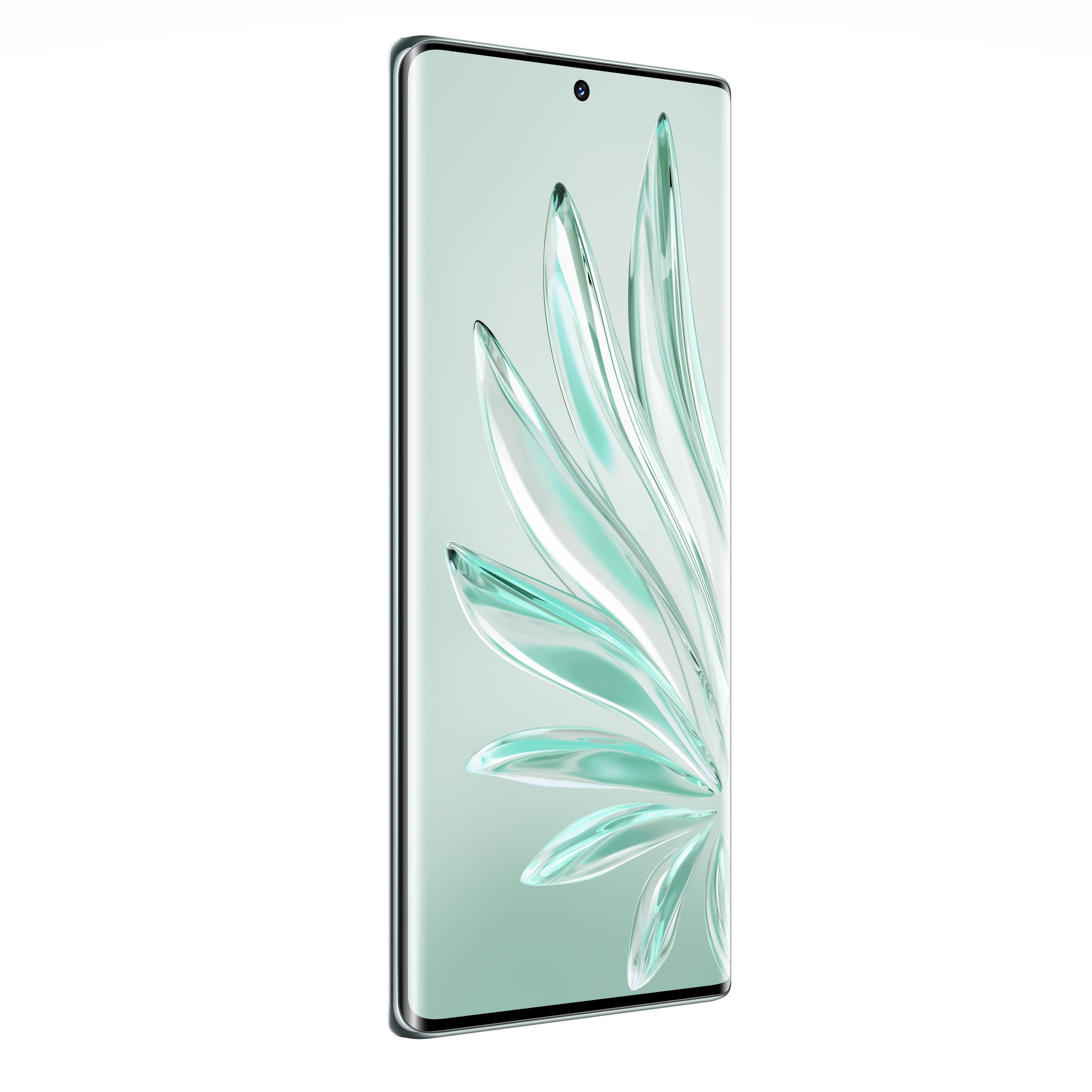 Un smartphone elegante. La pantalla muestra un diseño floral sobre un fondo verde.